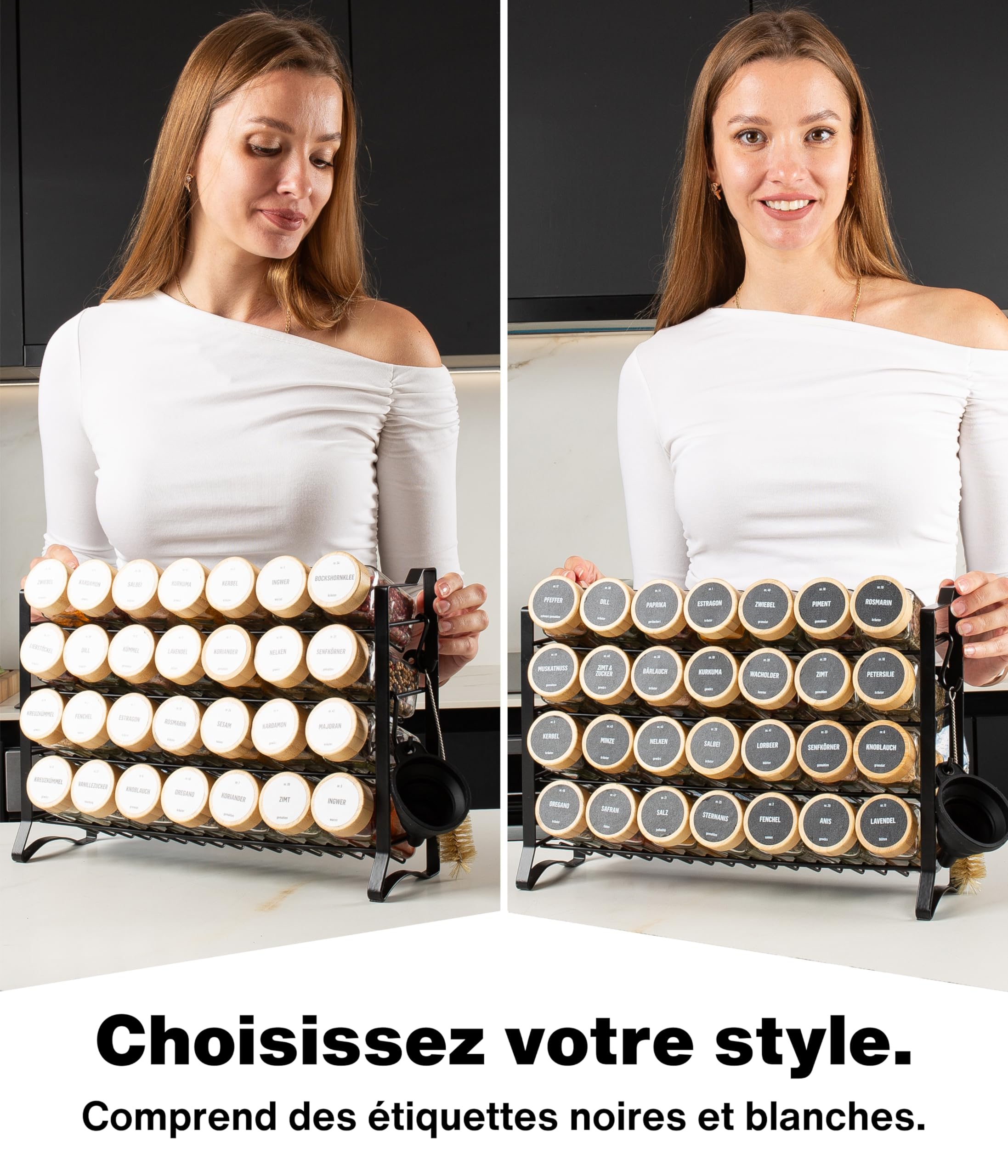 Deco haus® Étagère à épices pour cuisine – 28 pots à épices, organisateur d'épices en métal à 4 niveaux, 28 pots à épices, 144 étiquettes, design autonome ou à monter