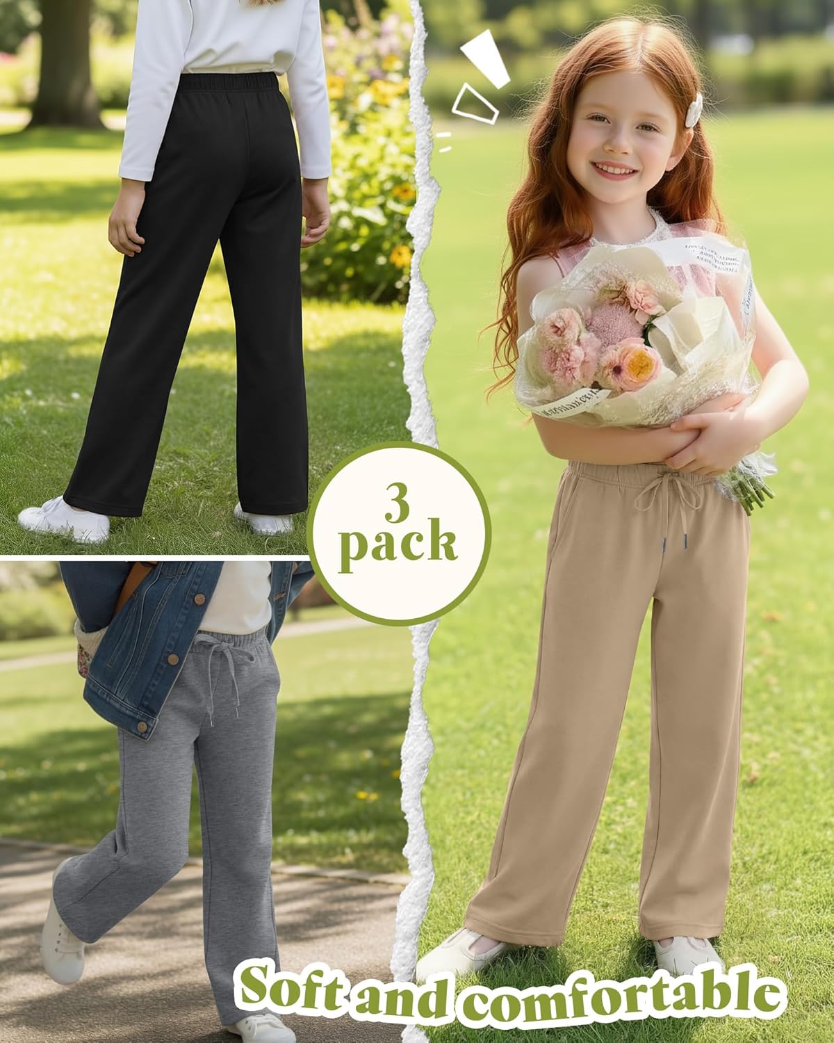 3 Pack Girls' Sweatpants Teen Drawstring Casual Wide Leg Pants Kids Open Bottom Straight Loose Joggers with Pockets