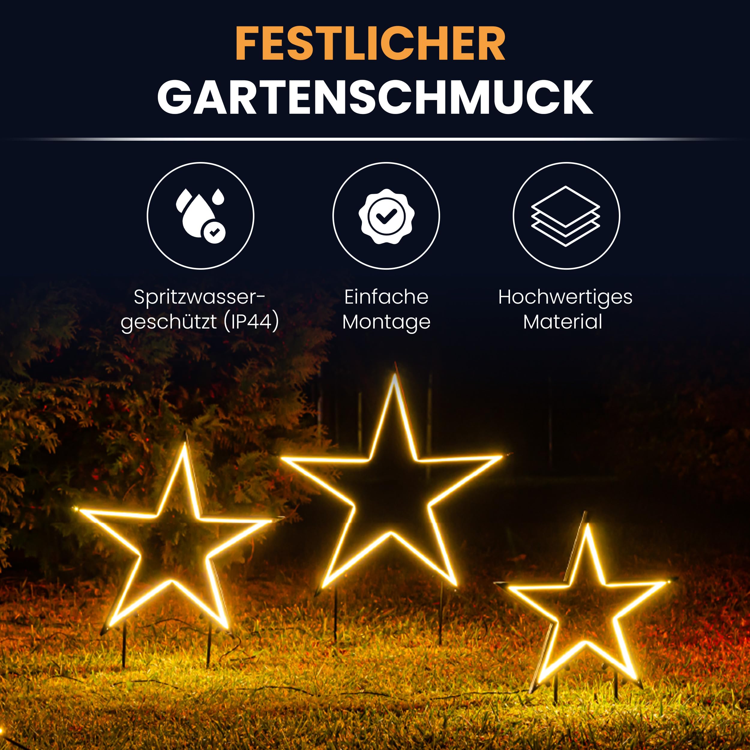 Gartenpirat Gartenstern mit Erdspieß Höhe 70 cm Neonlichtband warmweiß 240 LED Weihnachtsbeleuchtung Gartenstecker Stern außen