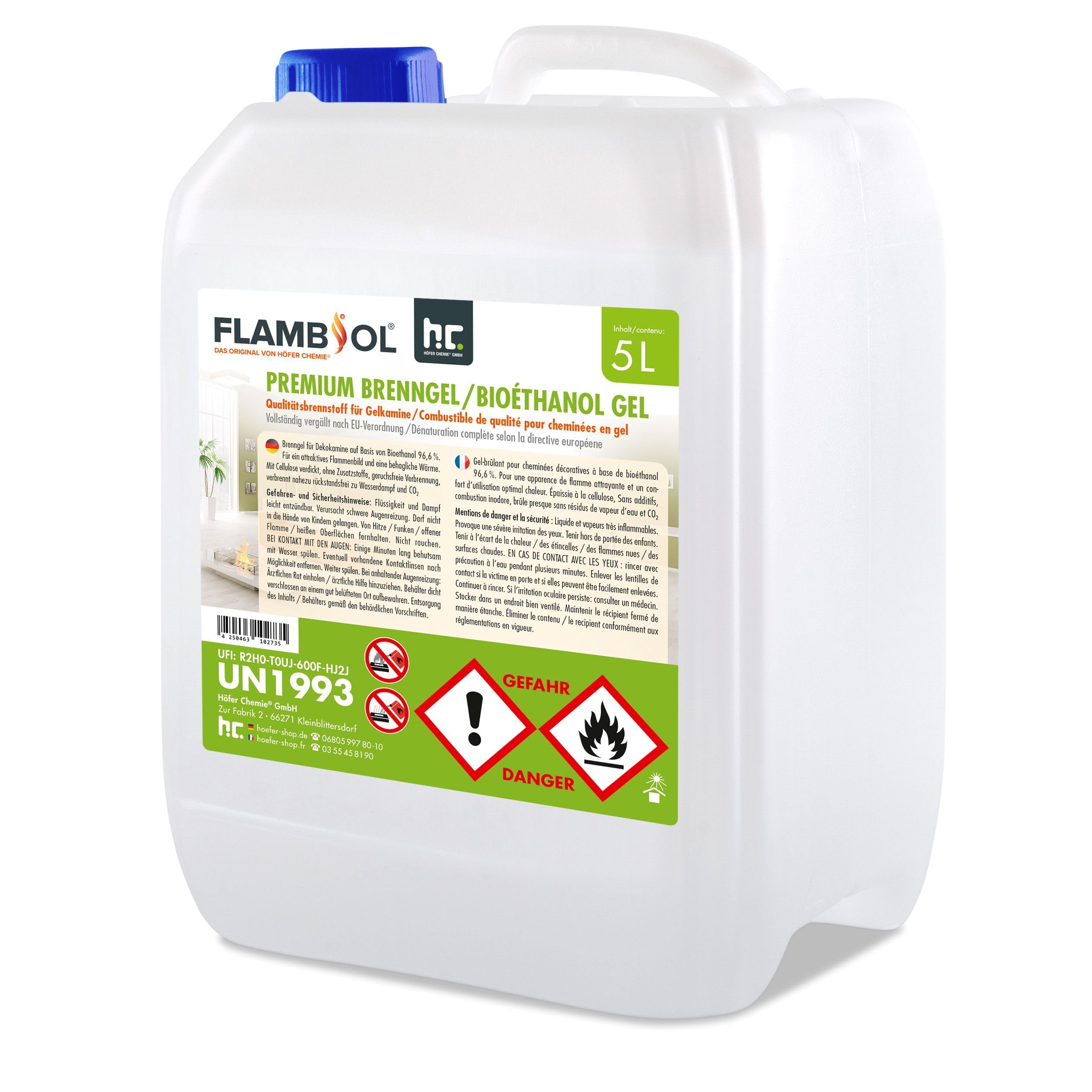 Höfer Chemie 5 L FLAMBIOL® Premium Brenngel für Brenngel Dekofeuer, Lampe und Kamine - Dickflüssiges Gel