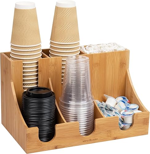 Mind Reader Bali Collection - Dispensador de 6 compartimentos, tapa y condimentos, sala de descanso, organizador de encimera, bambú, marrón