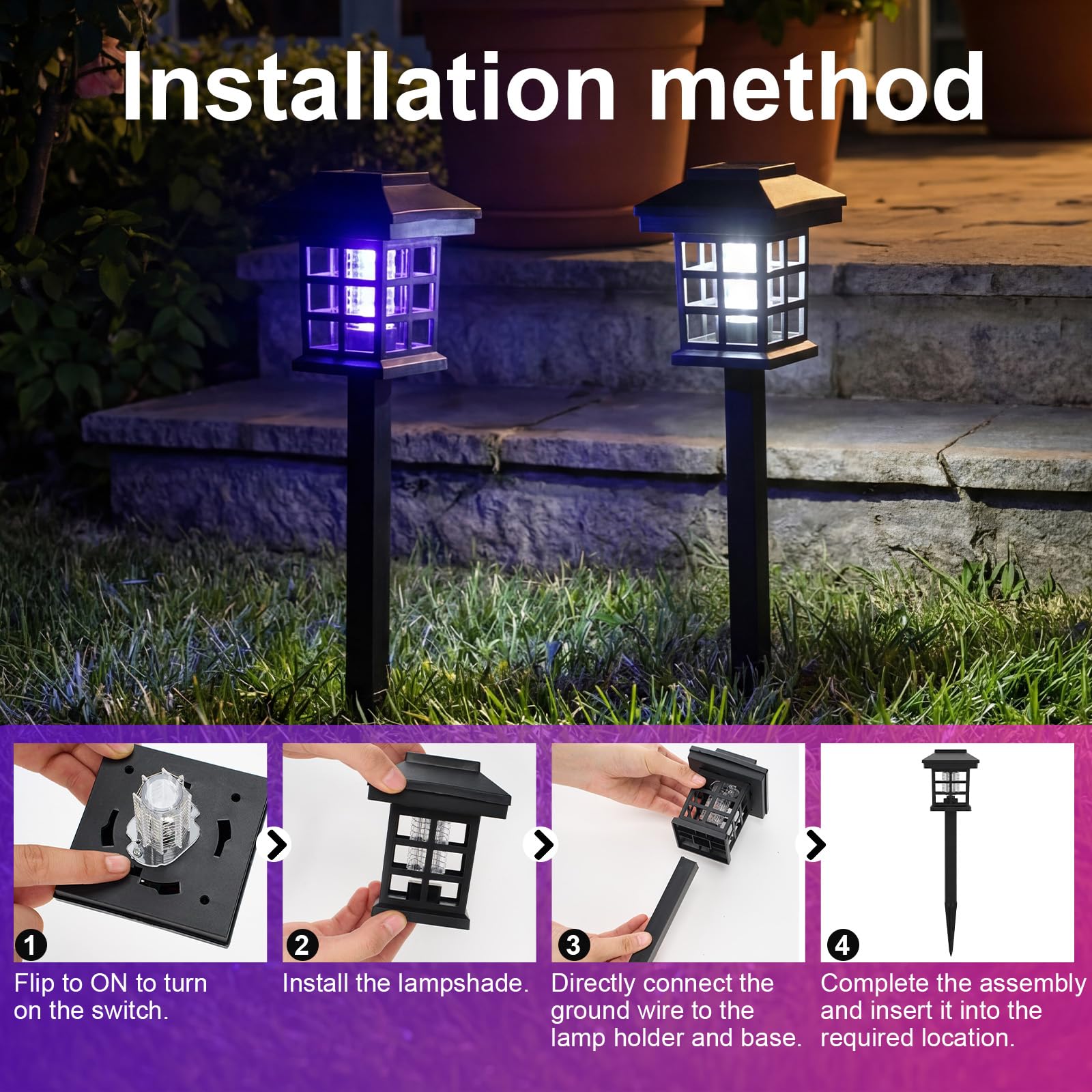 4 Stück Solar Insektenvernichter Outdoor Wasserdicht 2 in 1 Mückenzapper Solarbetriebene Mückenfalle Abwehr Lampe tötet Insekten LED-Lampe mit weiß-violettem Licht für Garten, Terrasse, Hof