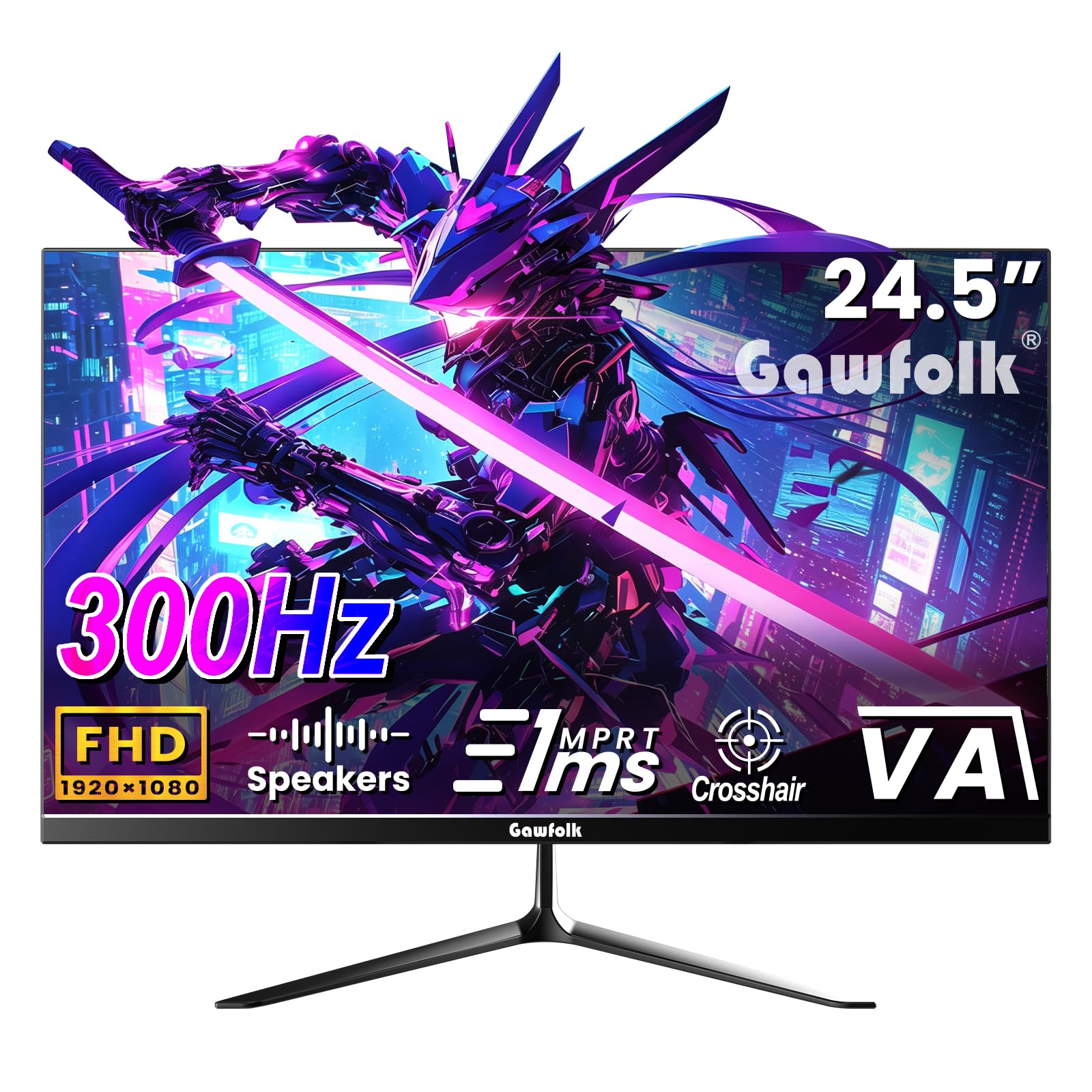 Gawfolk Gaming Monitor 24,5 Zoll 300Hz mit Lautsprecher, Gebogen PC Bildschirm FHD 1080P, Computerbildschirm mit Eye Care Technologie HDMI VGA, unterstützt VESA