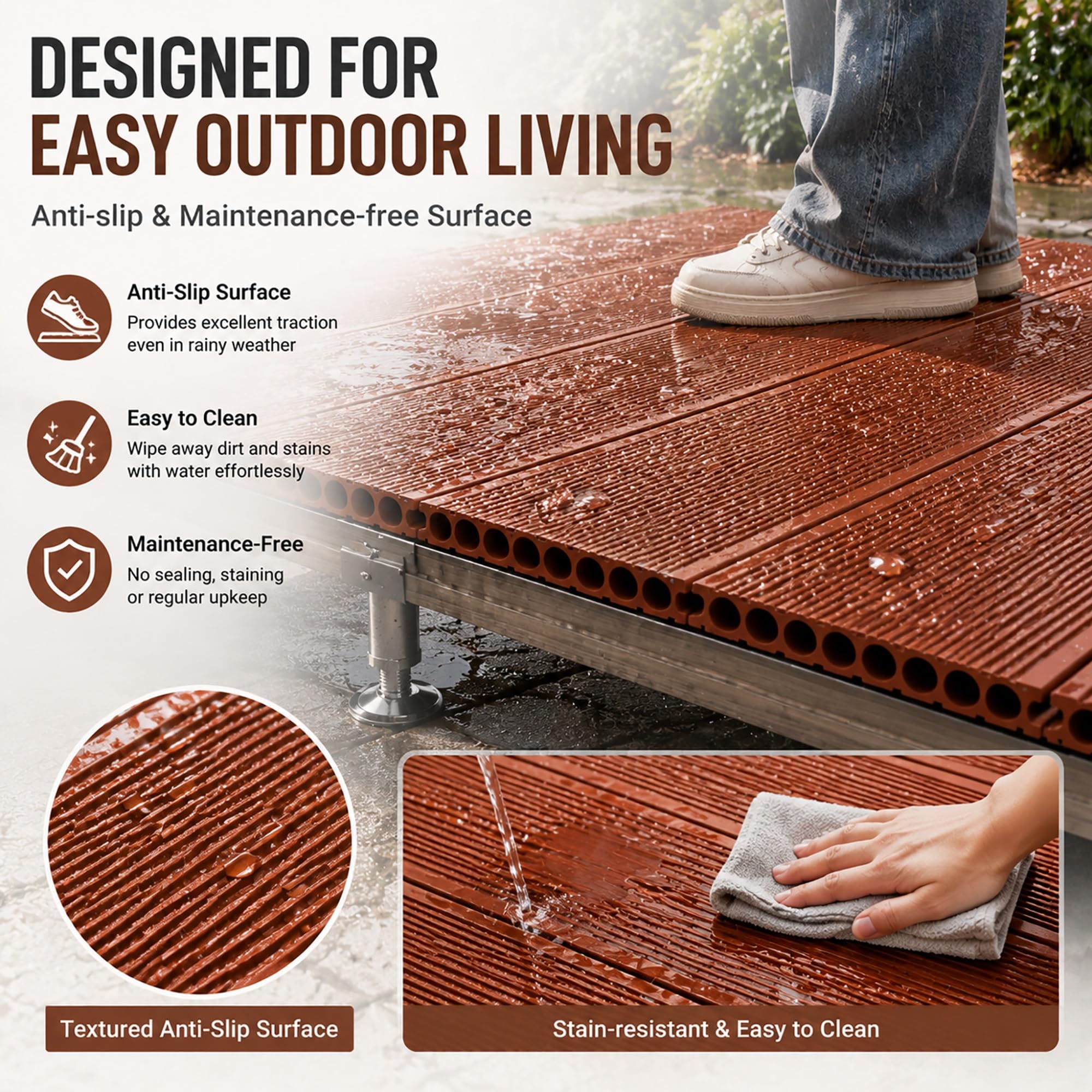 Piattaforma Modulare Rialzata da Patio, Pavimento Modulare in Composito | 84 x 84 cm, Superficie Antiscivolo, Piastrelle Impermeabili per Balcone, Patio e Portico