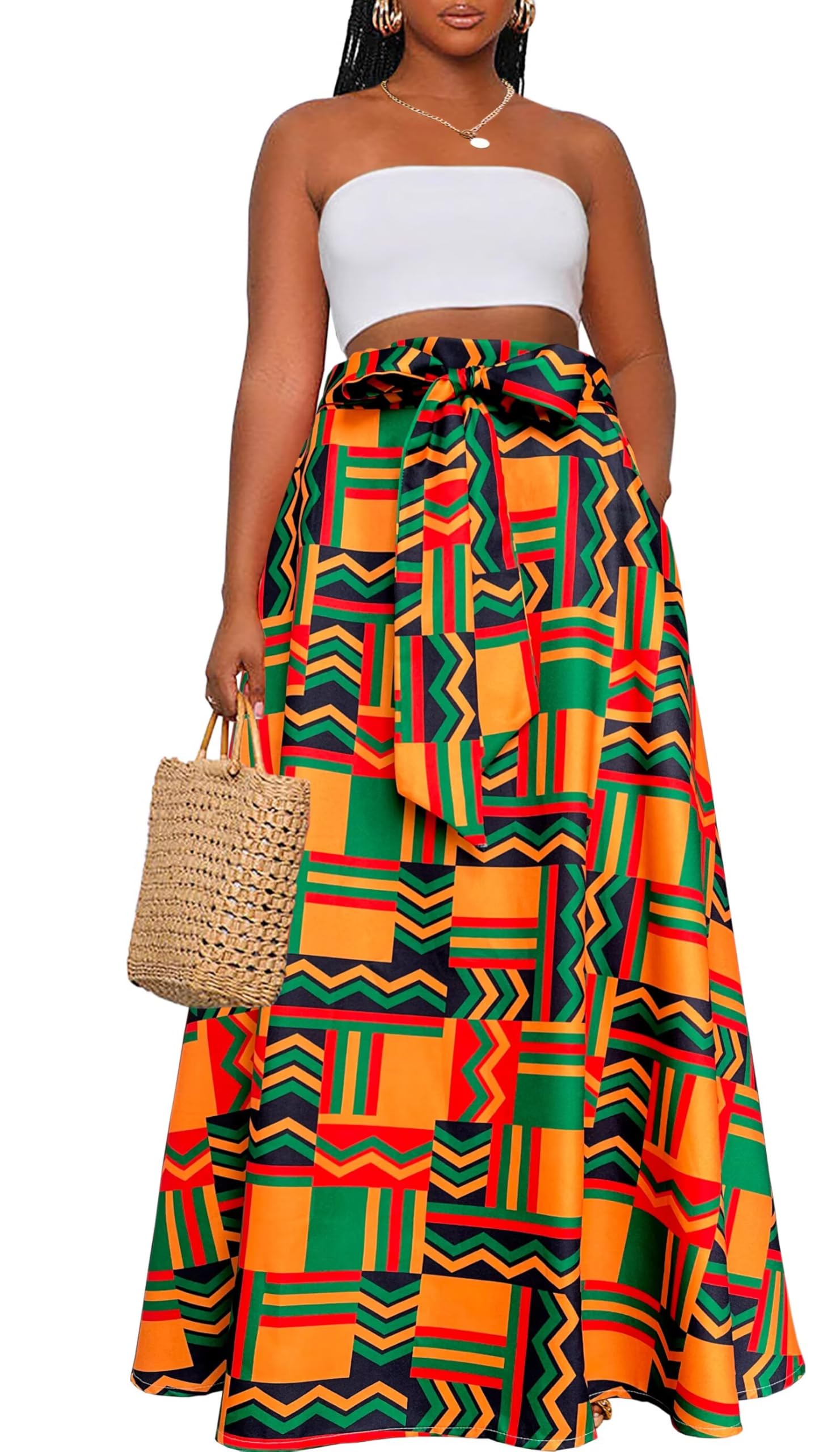 Womens Casual High Waist Tie African Print Long Maxi Skirt with Pockets