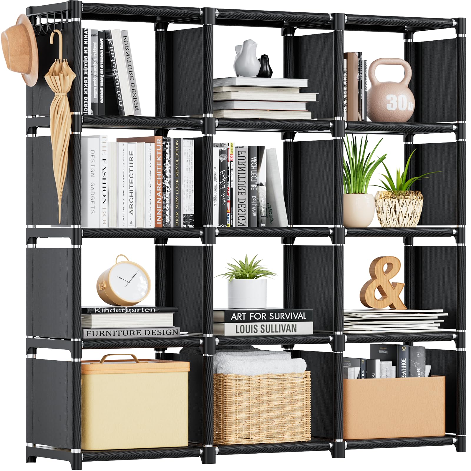 Mavivegue Bücherregal mit 12 Fächern, Regal, Standregal, Büroregal, Würfelregal, DIY Bücherregal für Wohnzimmer, Schlafzimmer, Büro, Kinderzimmer,Schwarz,30.5X 124 x 120 cm (B x H x T)