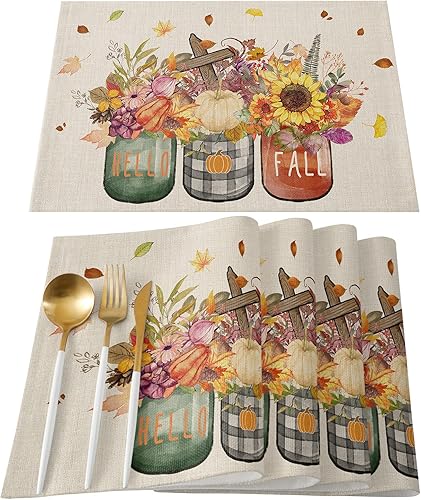 Juego de 6 manteles individuales de otoño, florero floral, hojas de calabaza, Hello Fall y Acción de Gracias, manteles individuales de temporada de