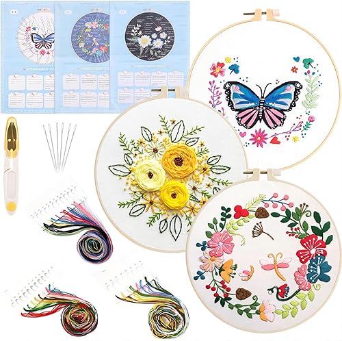 Yeerovan Kit de bordado de 3 juegos para principiantes con patrón estampadokits de punto de cruz para amantes de las manualidades, kits de punto de