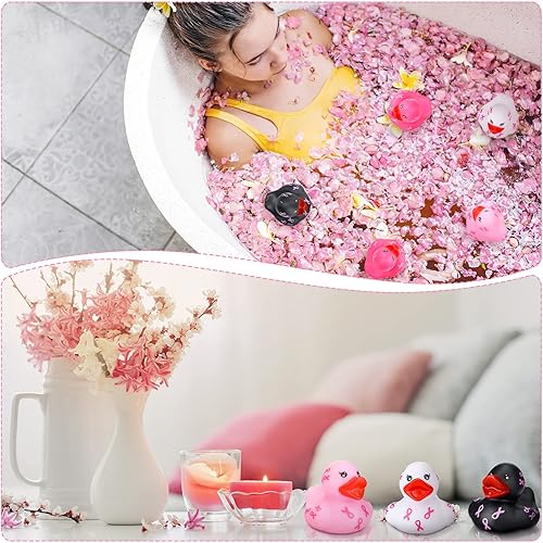 Miniatura 6 de 48 piezas de patos de goma con cinta rosa, juguete de baño, cáncer de mama, patos de goma chirriantes a granel, flotadores, patos de bañera, regalos
