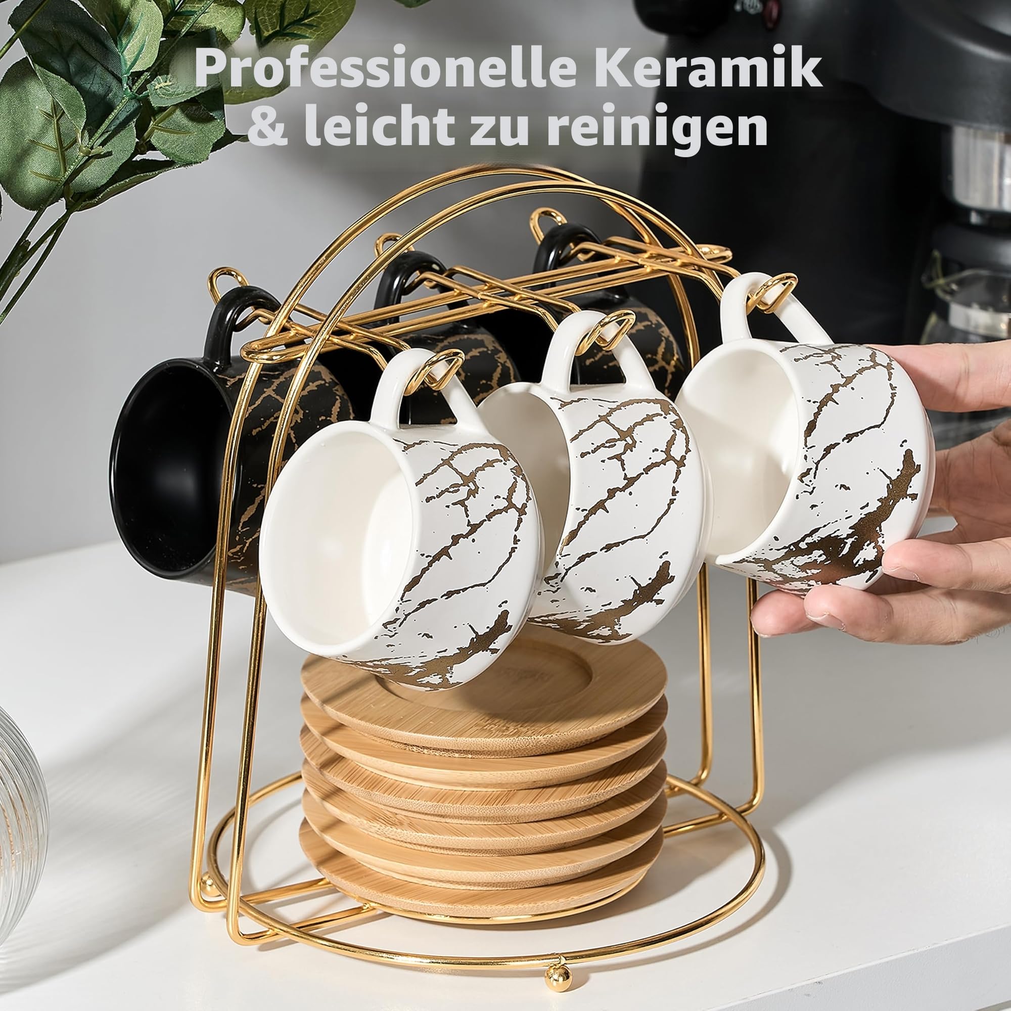 PORCER 6×130 ml (4,4 oz) Keramik-Kaffeetassen & Holzuntertassen mit goldenem Metallständer, stapelbare Cappuccino-, Espressotassen für Spezialitäten-Kaffeegetränke, Latte, Americano, Tee - Elegantes