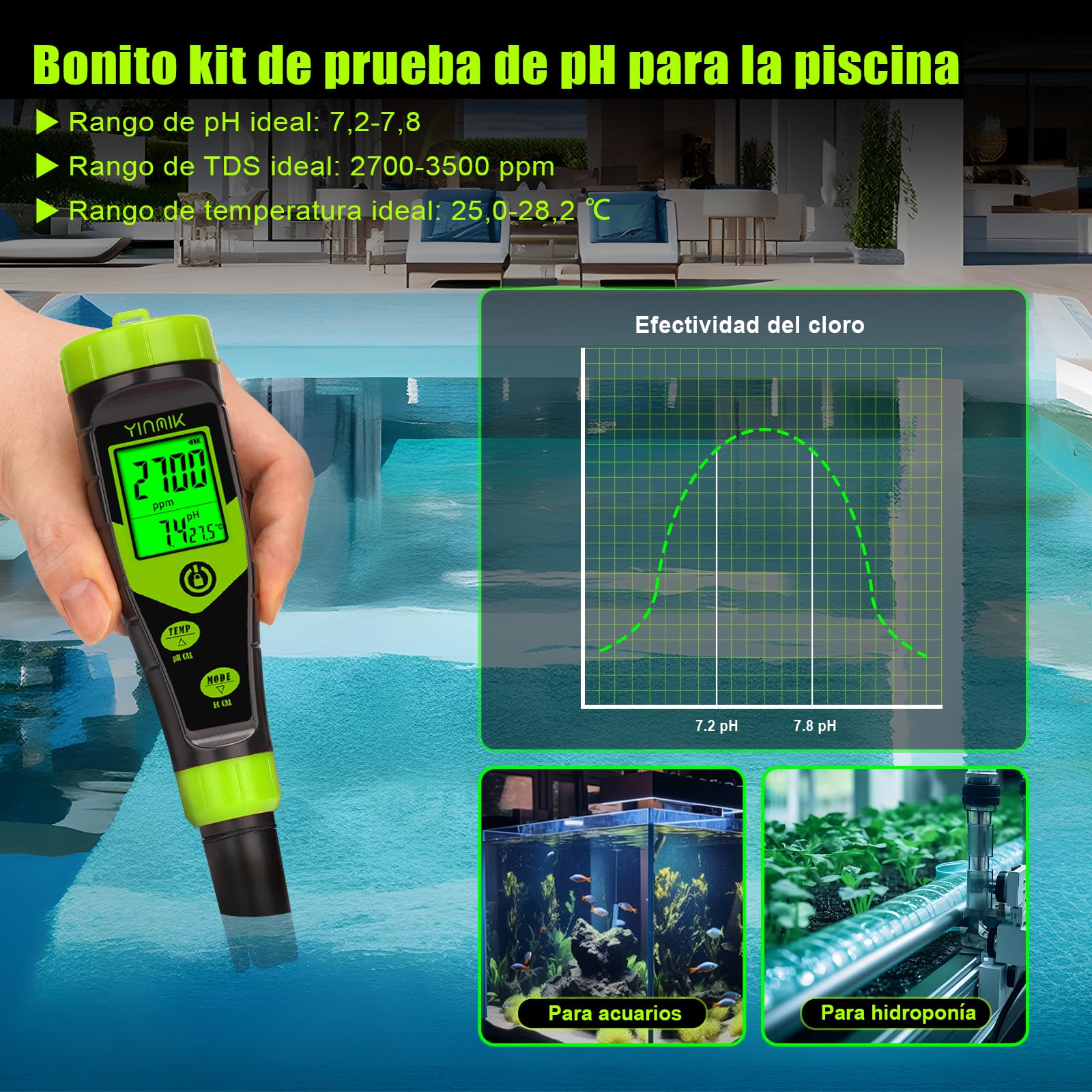 YINMIK Medidor de pH y TDS Digital 4 en 1, Probador de pH PPM Conductividad con Solución de Calibración para Piscina Agua Potable