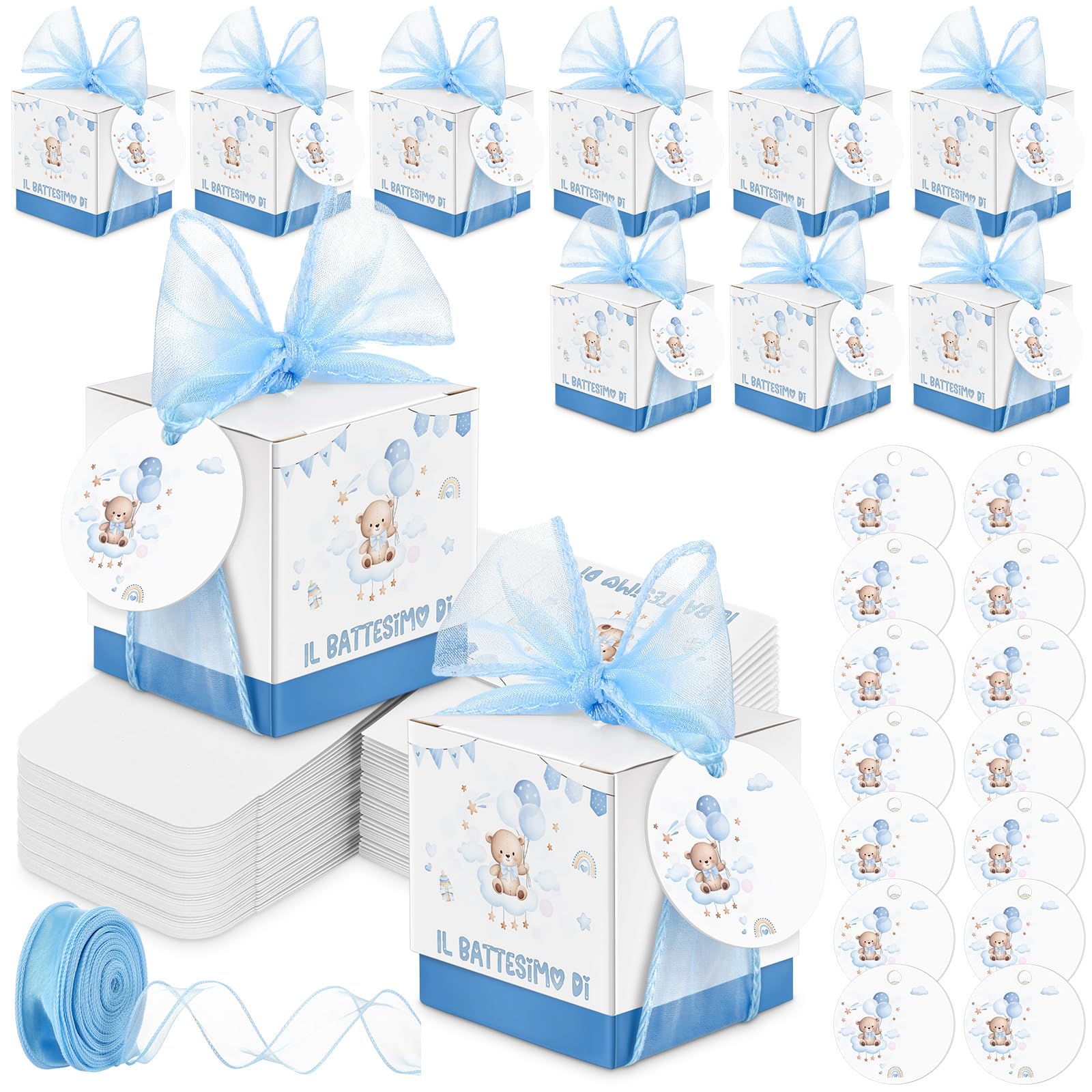 Jadive Boîtes à Dragées Baptême Personnalisables Étiquettes Ruban Cadeau Ours Arc-En-Ciel Bleu clair