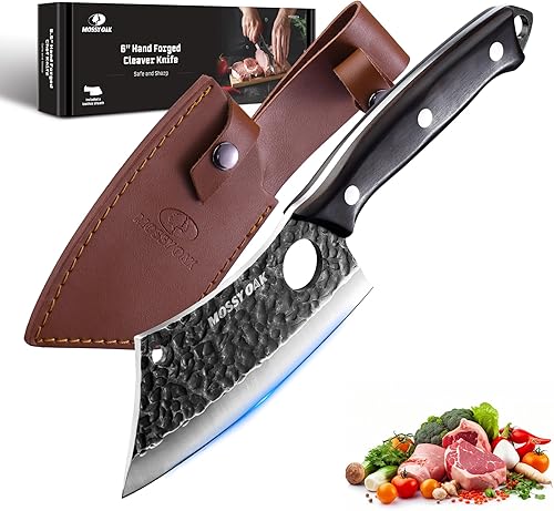 Mossy Oak Cuchillo para carne, cuchillo de carnicero con funda de cuero auténtico, cuchillo de cocina forjado a mano, mango completo para cortar