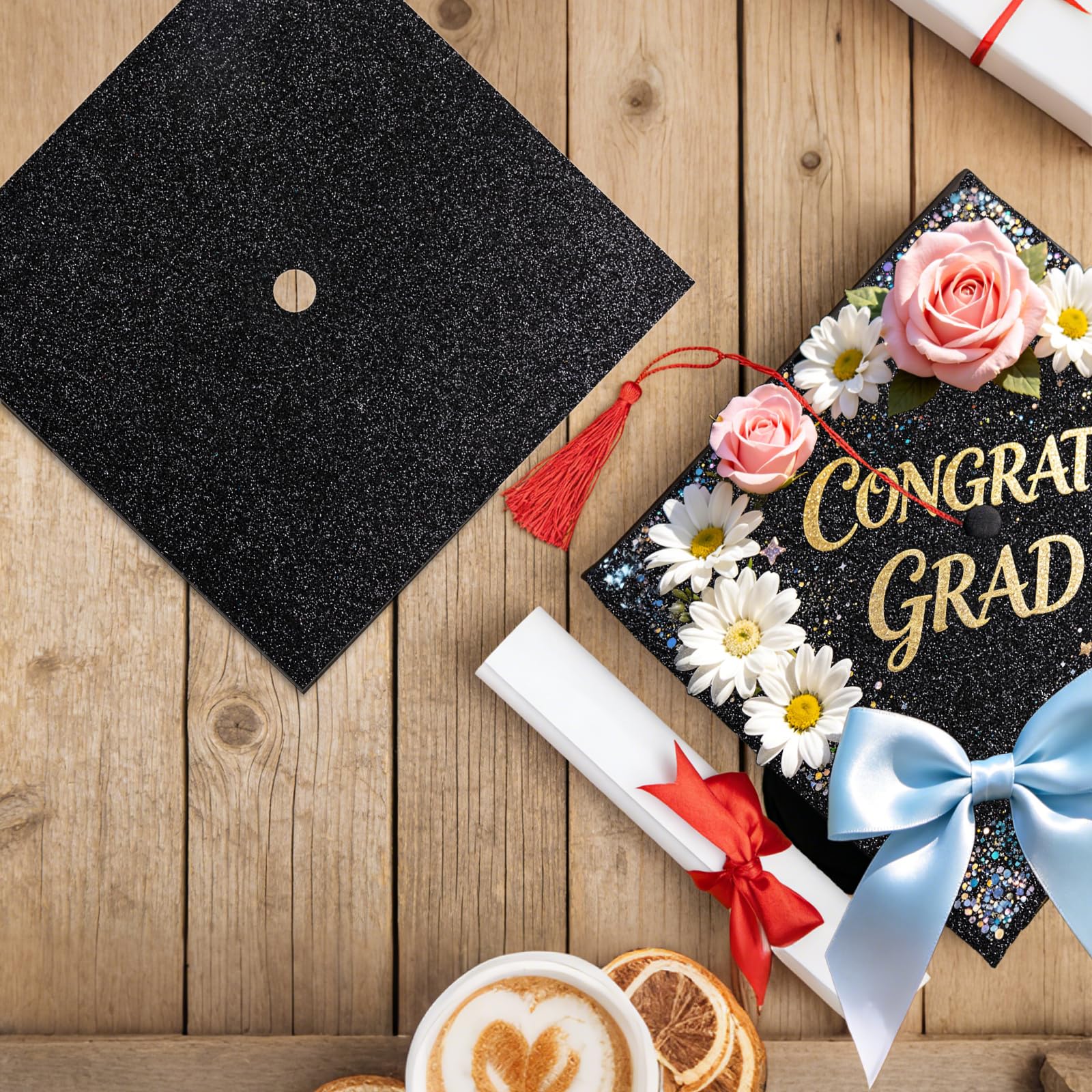 6 Sheets Graduation Cap Decoration Blank Grad Cap Topper Self-Adhesive Glitter Grad Hat Topper Cover Decor for 2026 DIY Graduation Cap Decoration, Black — view 6