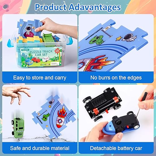 Miniatura 6 de VESPRO Juego de 100 pistas de autos para niños, rompecabezas de carreras de 4 series, juego de autos de pista de rompecabezas, pista de