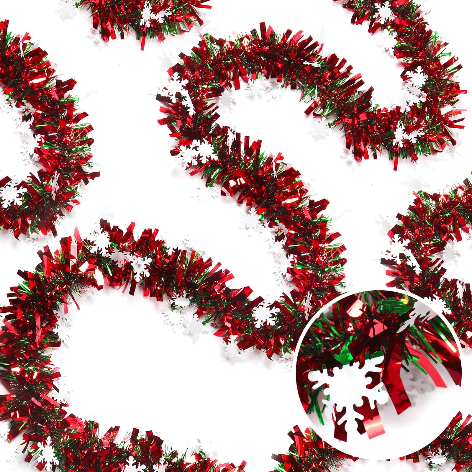 RECUTMS 5 Pieces 30 Feet Green Christmas Tinsel Garland Christmas Tree Metallic Garland Christmas Party Indoor Outdoor Holiday Winter Decorations(Snowflake Red)