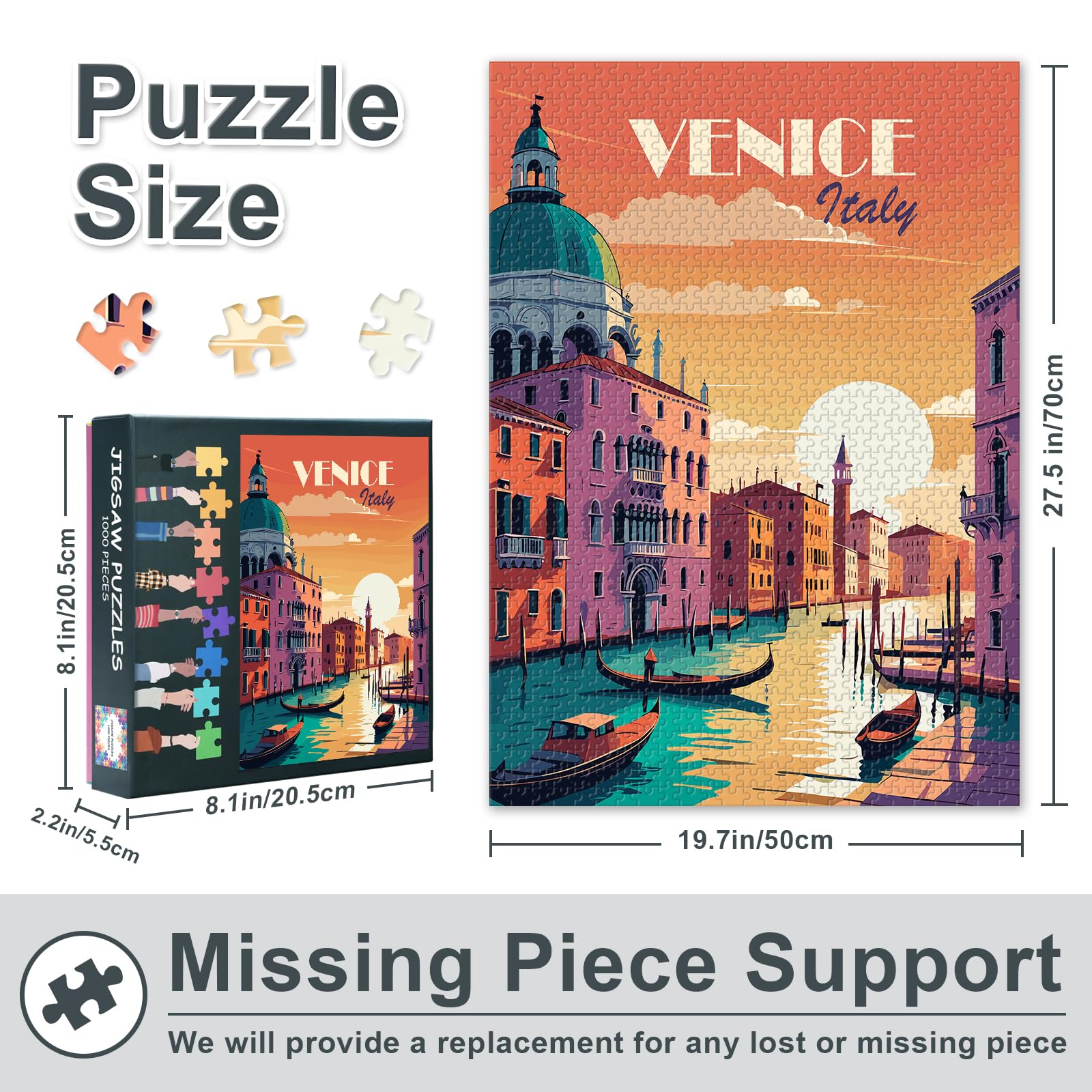 1000 Piece Venice Italy Jigsaw Puzzle for Adults Retro Travel Destination Puzzle European Vacation Landscape Canals and Gondolas Vintage Illustration Art 27.5x19.7 Inch - Image 3