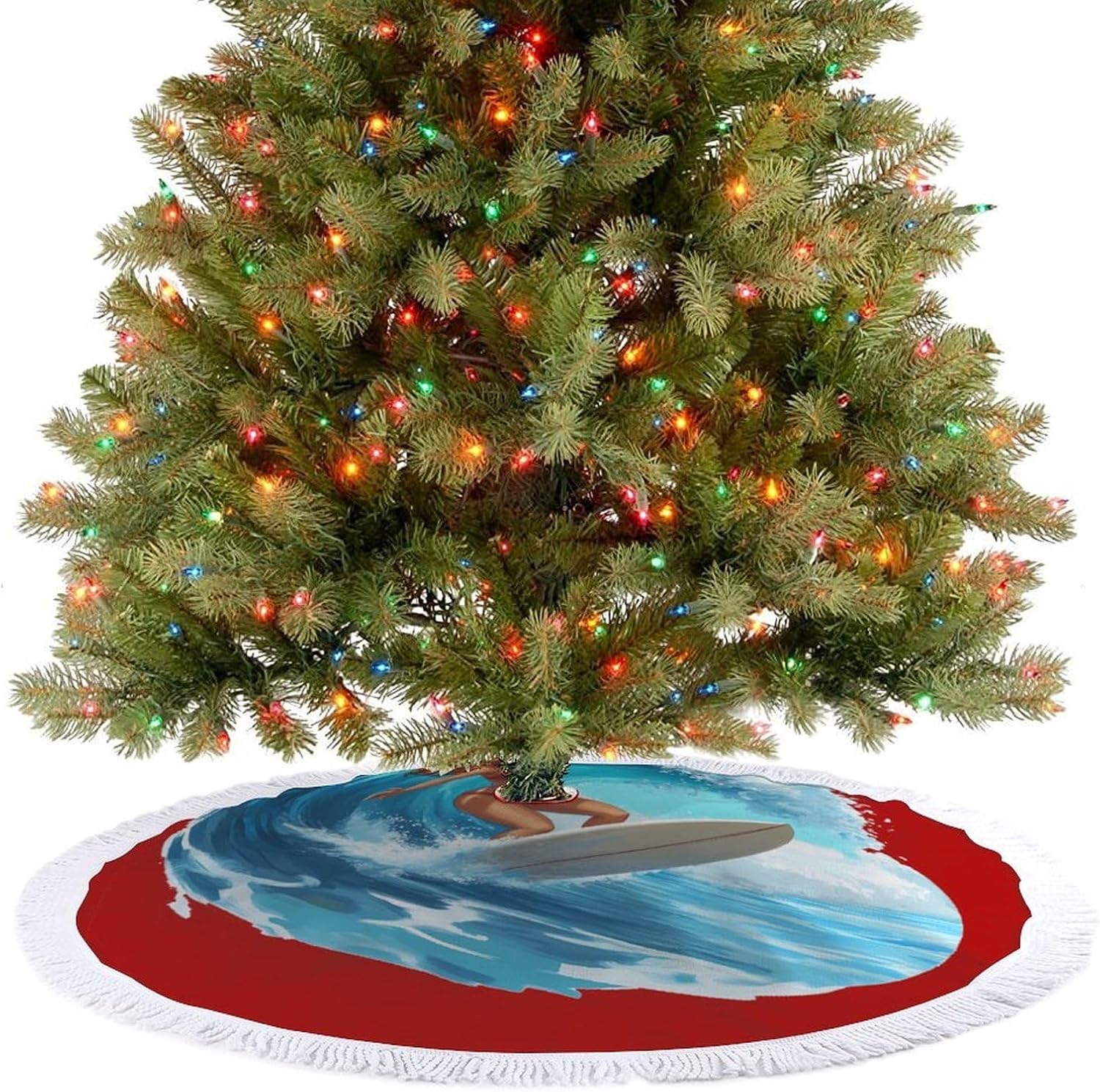 Ocean Surfing Woman Christmas Tree Skirt Round Xmas Tree Mat Ornaments Tree Skirts with Tassels for Holiday Party