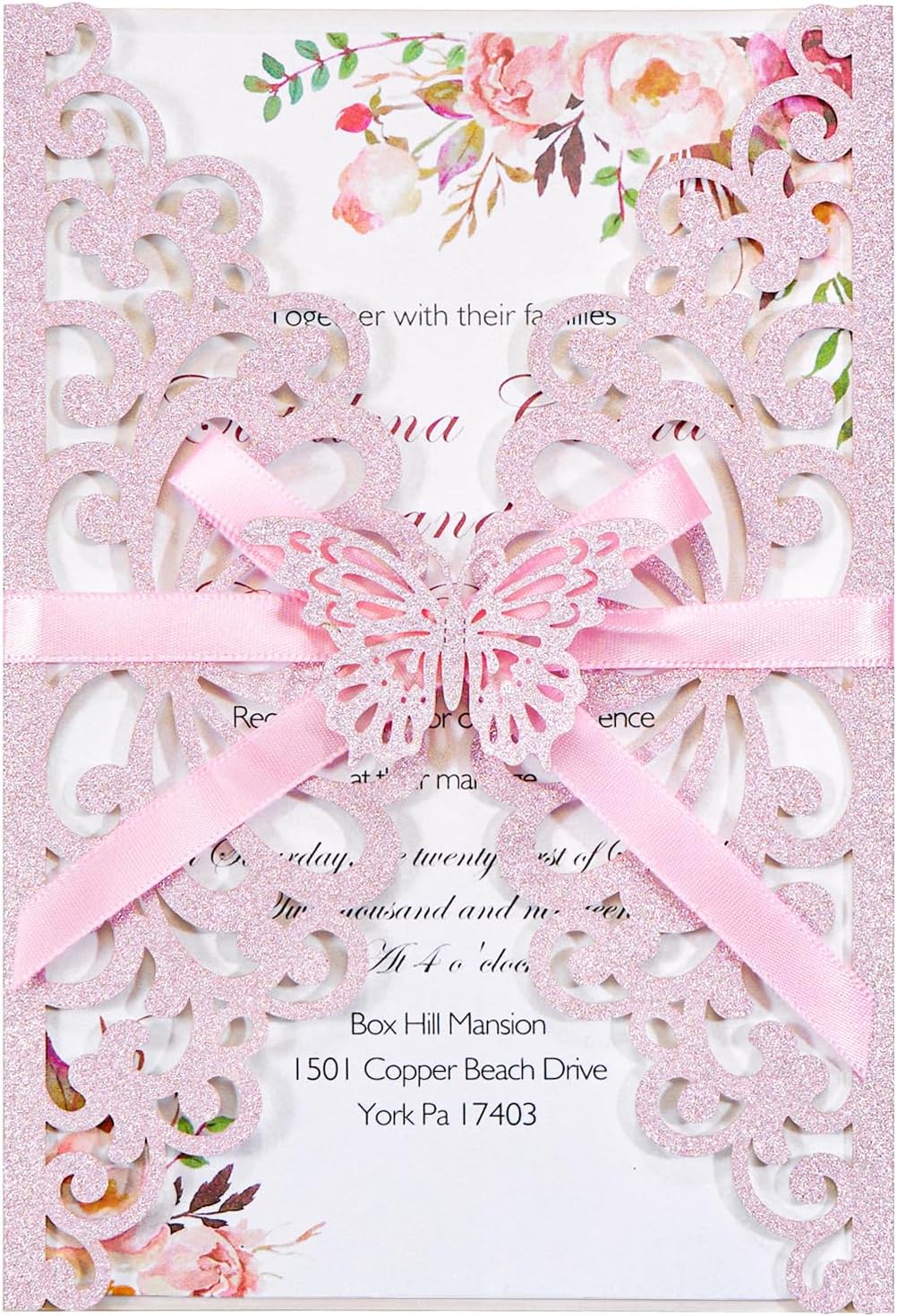 50pcs Pink Quinceanera Invitations Wedding Invites with Butterfly Ribbons, Blank Invitations with Envelopes Personalized Your Party Invite for Bridal Shower Birthday Sweet 16 Invitaciones Para Boda