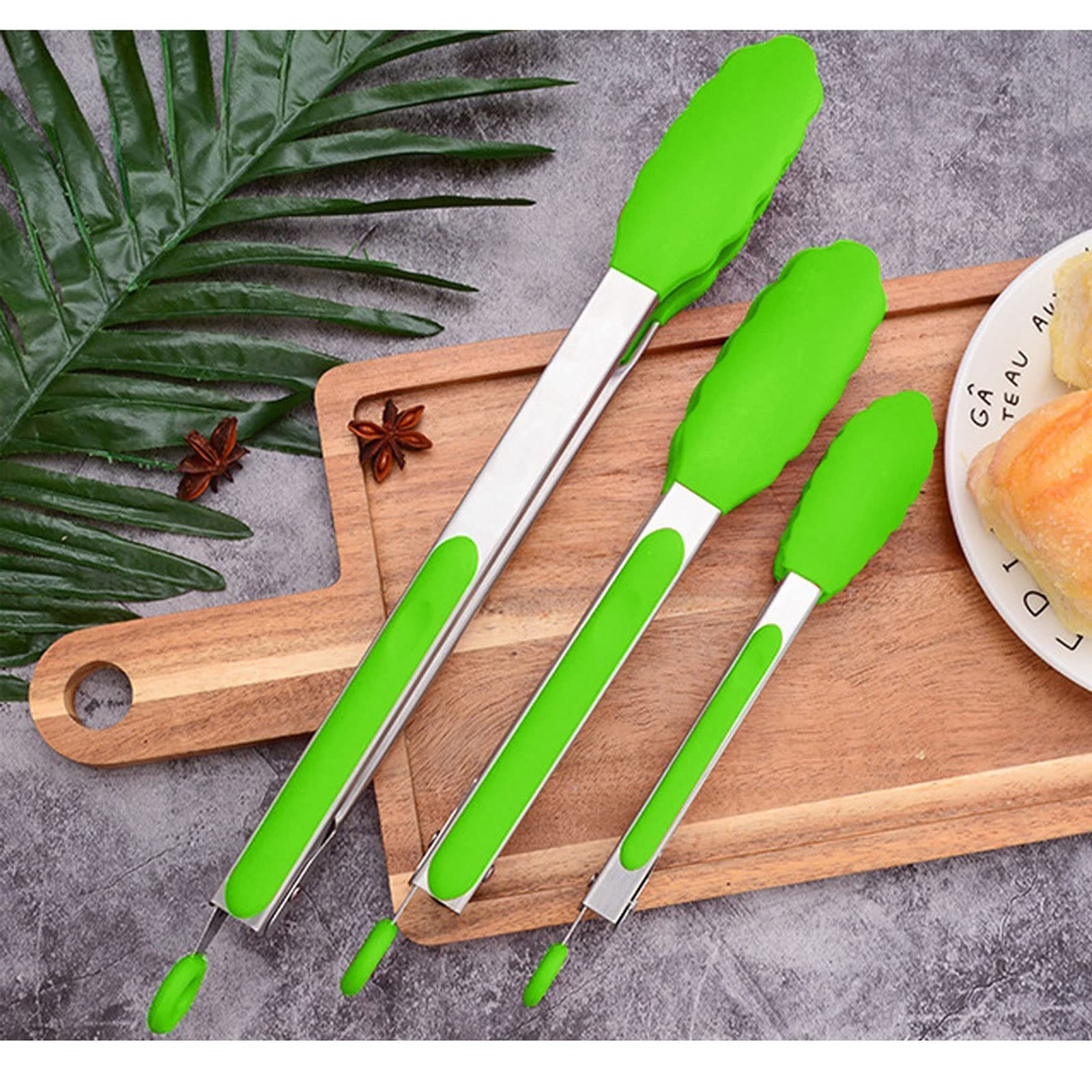 Pinzas de Cocina Pinzas para Alimentos Resistentes al Calor Clip de Silicona Antiadherente Pinzas para Pan de Acero Inoxidable Pinzas para Servir Pinzas para Barbacoa (Verde)