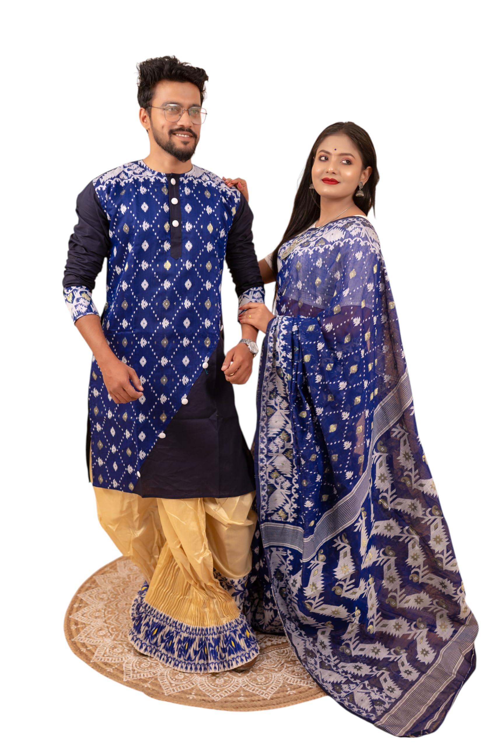 Traditional Dhakai Jamdani Couple Set – Cotton Saree Without Blouse & Men’s Kurta (Navy Blue without Dhoti)-image-19