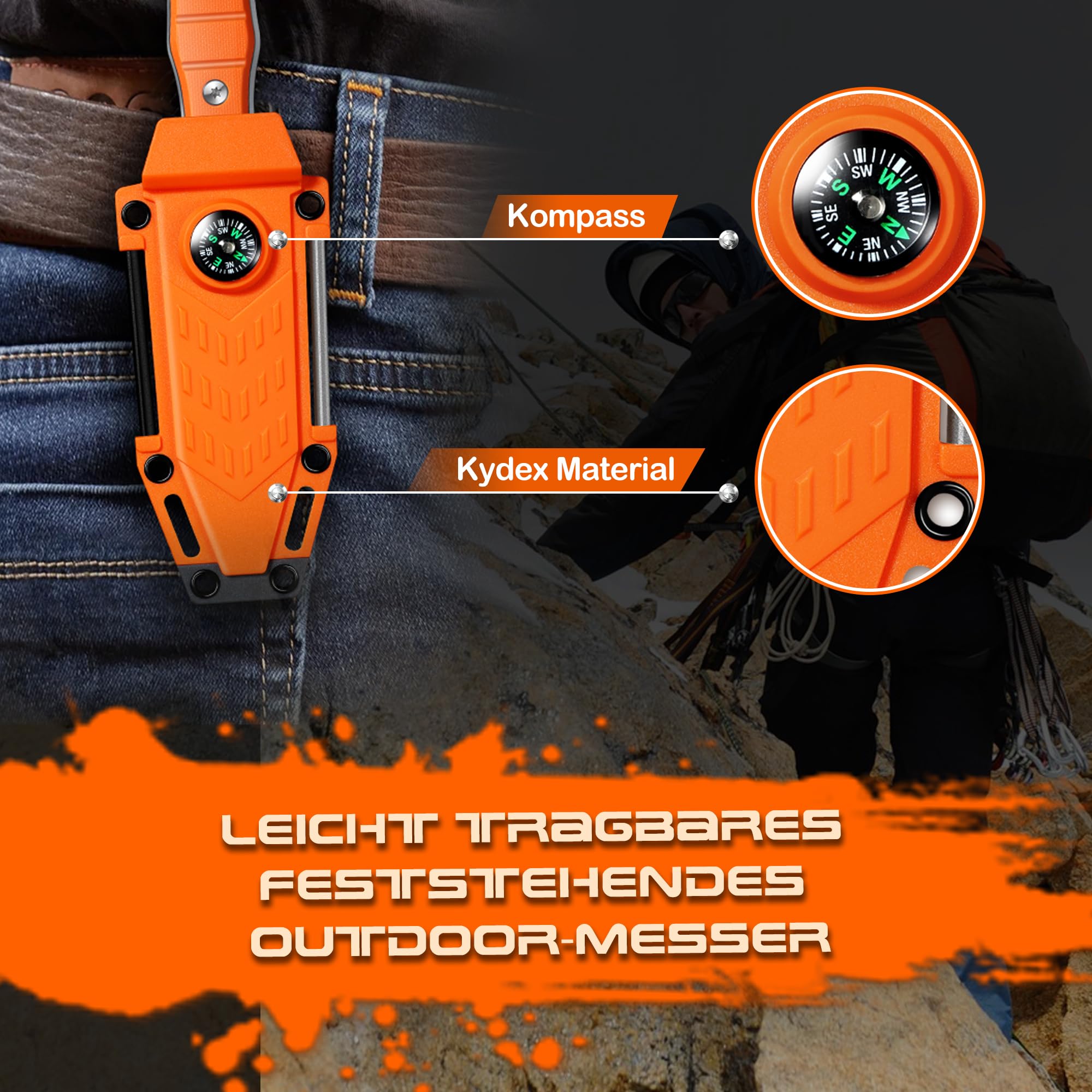 DRGSKL-Outdoor Messer Survival,aus D2 Stahl 3-in-1 mit Kompass Kydexscheide und Feuerstahl, EDC 9.3cm Klinge, Jagdmesser Mit Feststehende Klinge,Für Männer Camping Jagen Wandern Orange