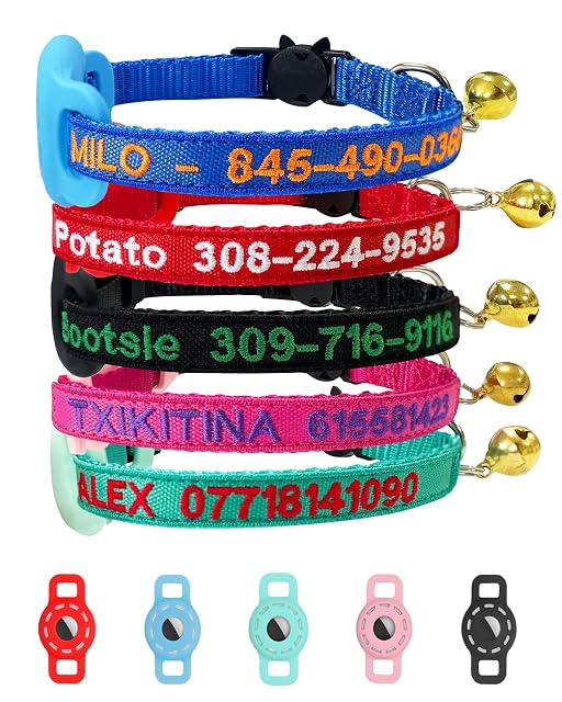 Collar Airtag para gato de nylon bordado con nombre y número de teléfono con estuche impermeable y campana…