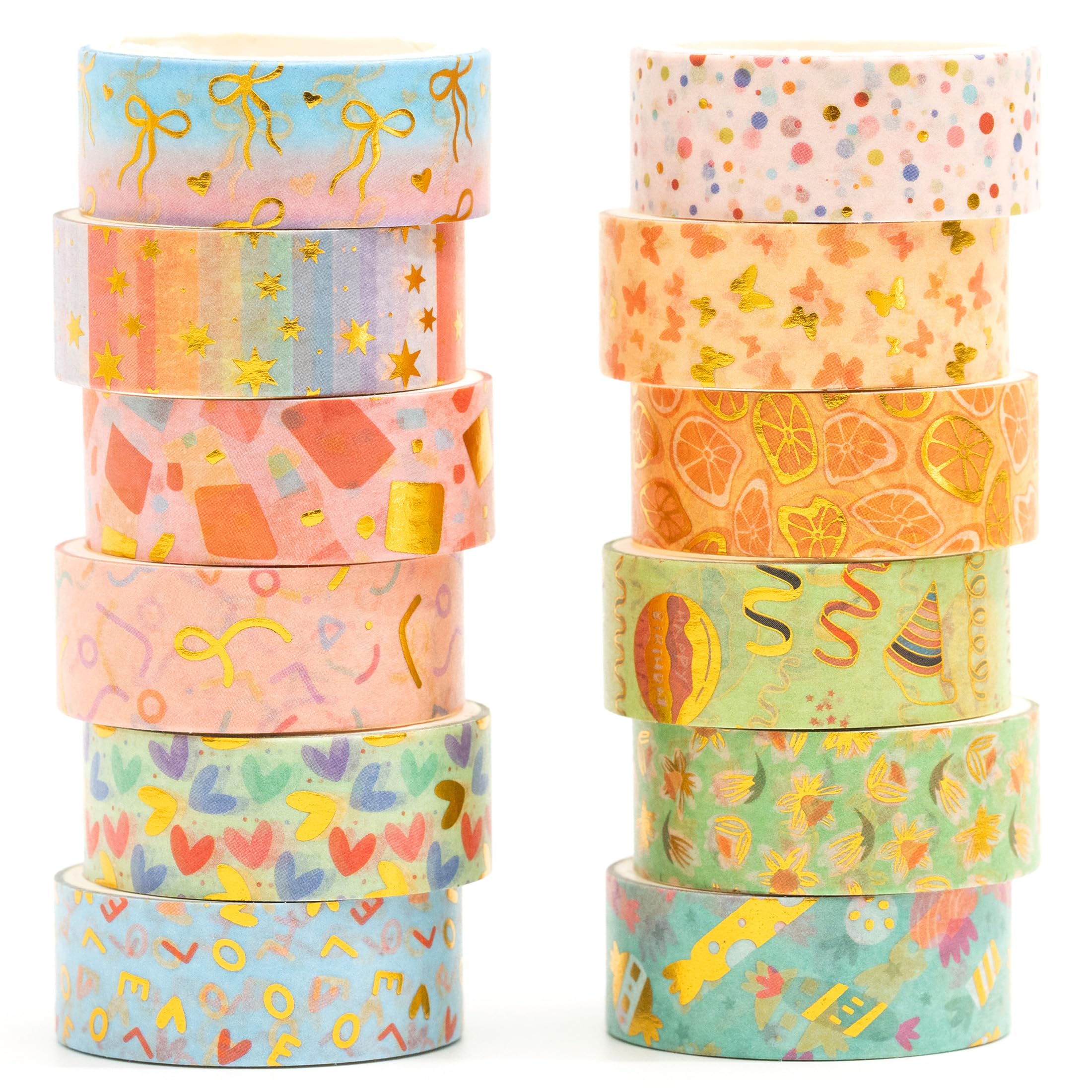 Songdao 12 Rolls Charming Washi Tape Set Gold Silver Foil Detailing Arts Adhesive Tapes Basic Patterns Decorative Masking Tape Sets for Craft, Kids, Scrapbook, DIY, Gift Wrapping (Whimsical Pastels)