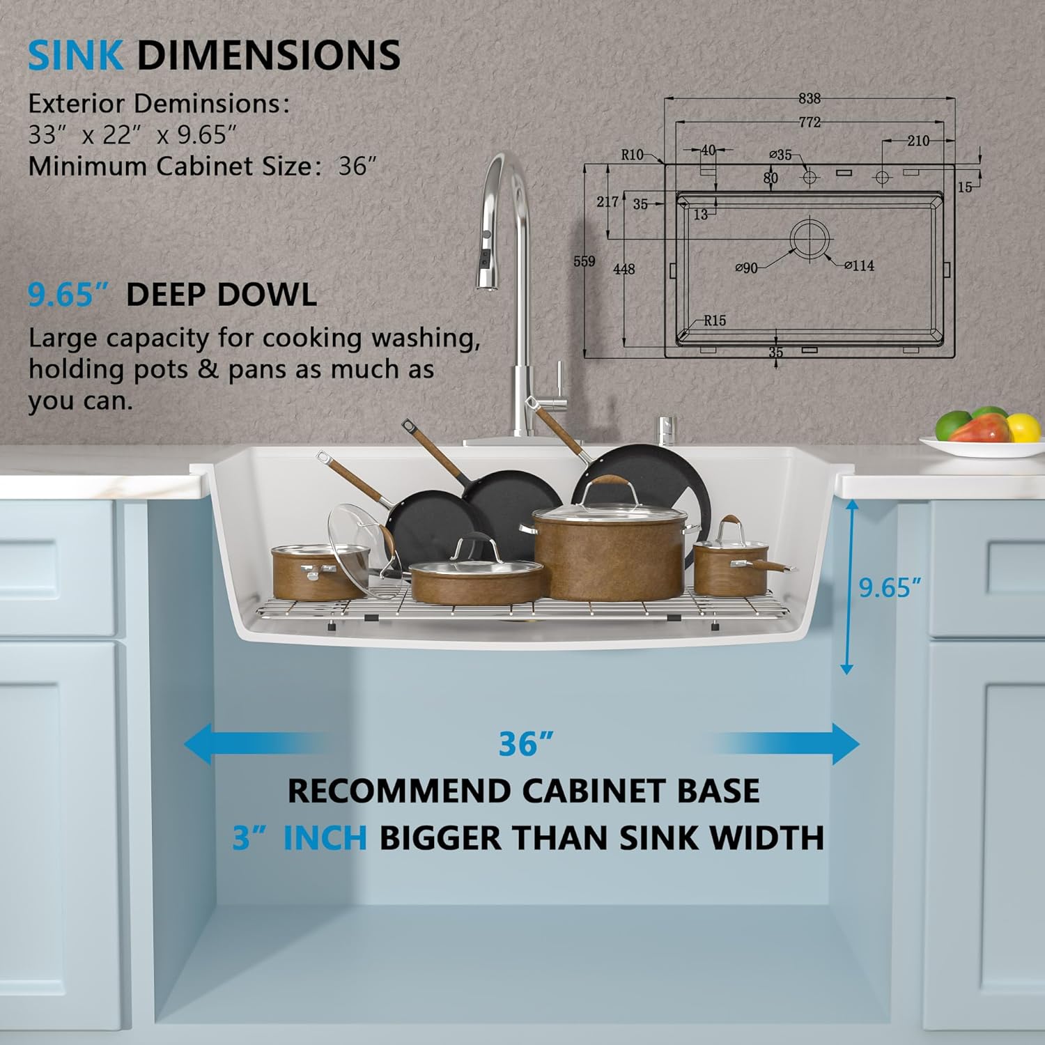 33"x22" Granite Composite Kitchen Sink - Ledge Workstation Drop In Topmount White Quartz Classic Above Counter Single Bowl Basin