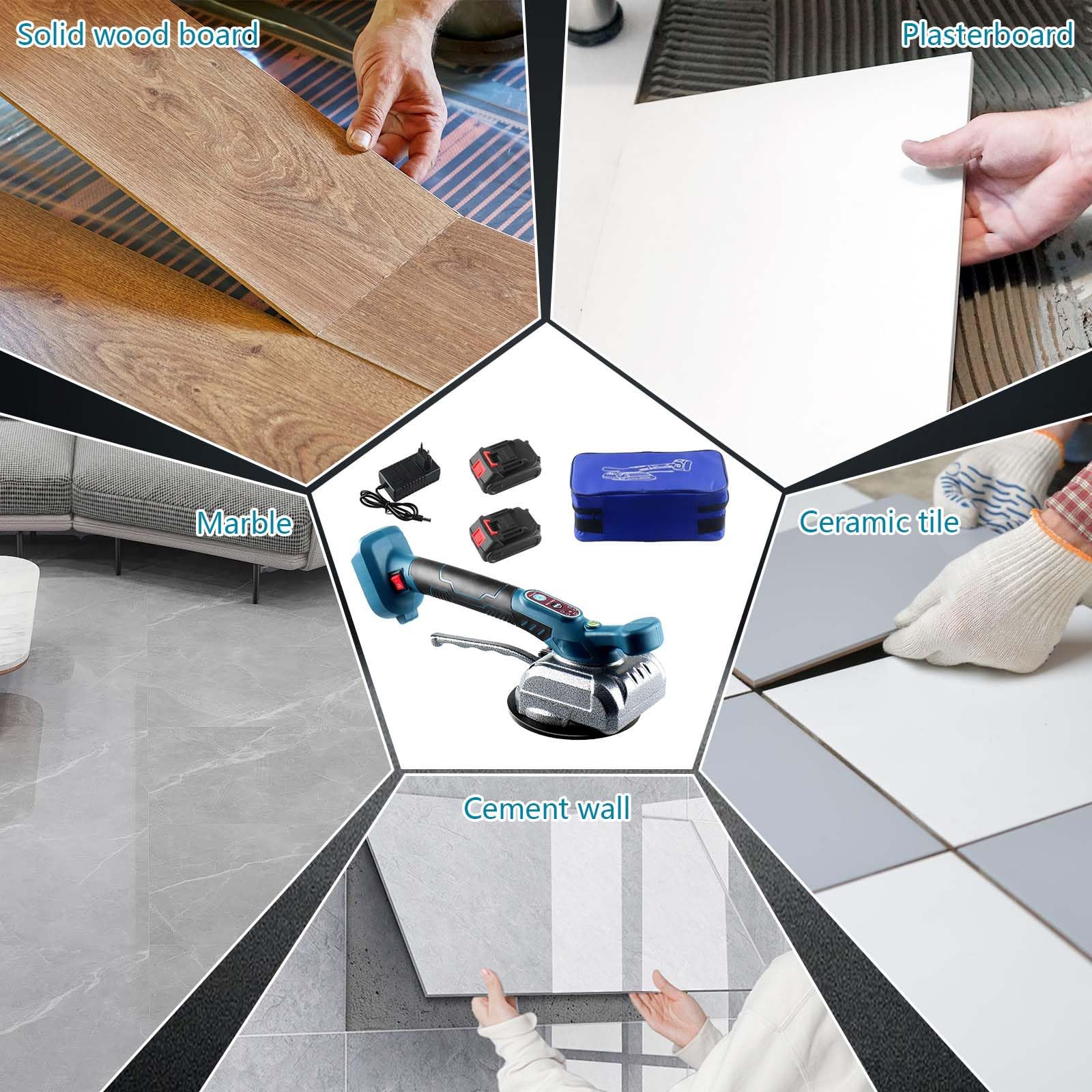 Maquina Vibratoria para Azulejos, Ventosas para Azulejos - 5 Velocidades Ajustables - Ventosa de 12 × 12 cm - para Azulejos de 0.2-1m con Batteries ×2