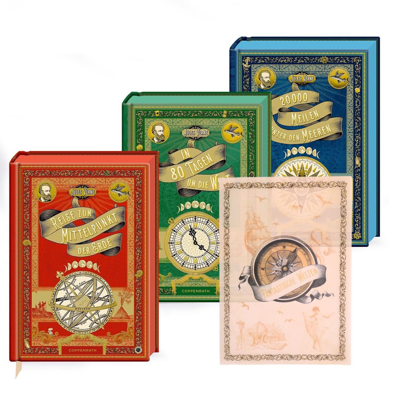 Jules Verne Buch-Set – 3 Große Schmuckausgaben: "Reise zum Mittelpunkt der Erde", "In 80 Tagen um die Welt" & "20.000 Meilen unter den Meeren" + Page Overlay - Klassiker in Hardcover Edition