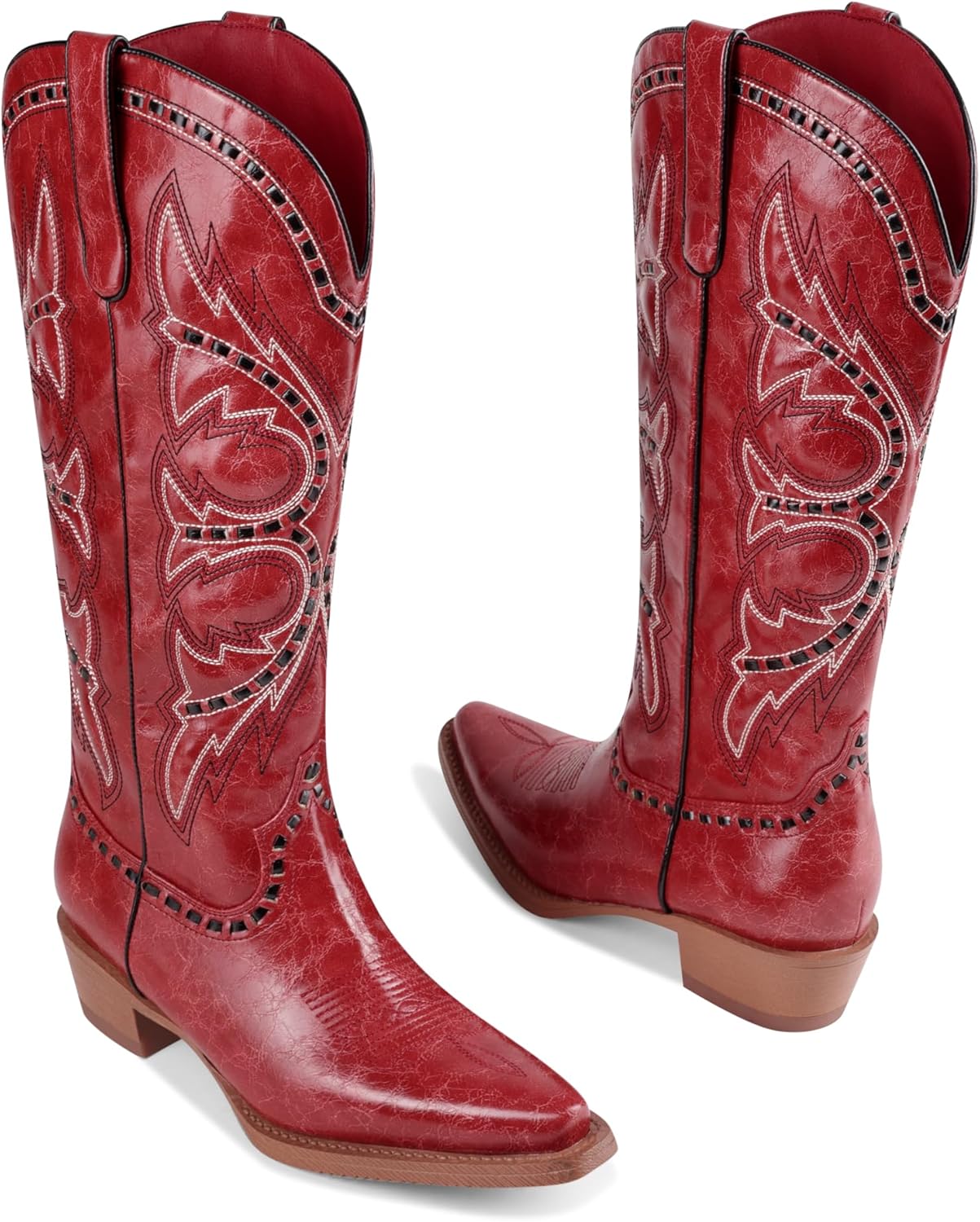 Women’s Cowboy Boots Knee High Wide Calf Square Toe Chunky Low Heel Woven Western Cowgirl Boots
