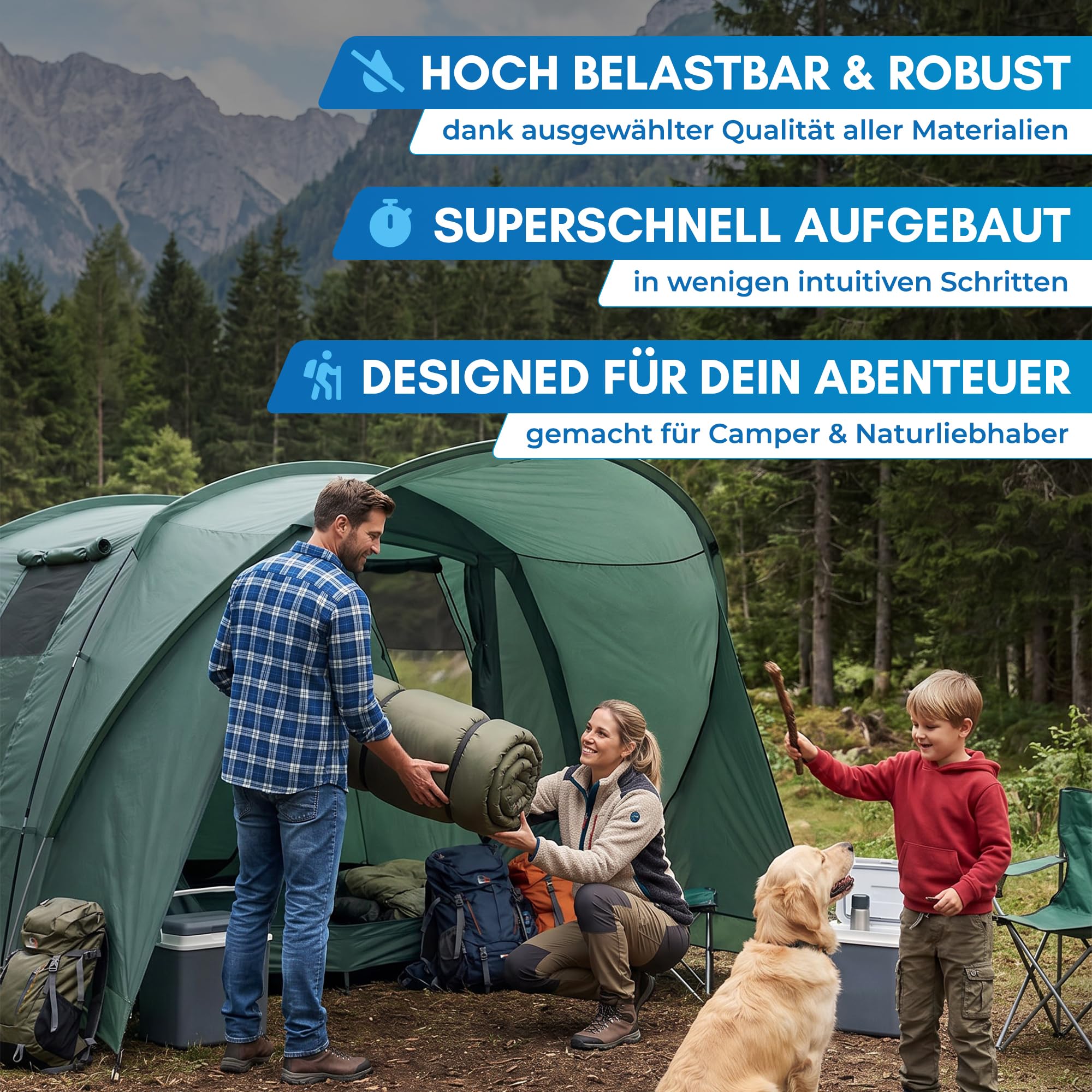 NORDMUT® Tente tunnel 4 ou 6 personnes coupe-vent avec auvent et sol - Tente familiale stable avec hauteur debout - Tente de camping imperméable avec une excellente circulation de l'air