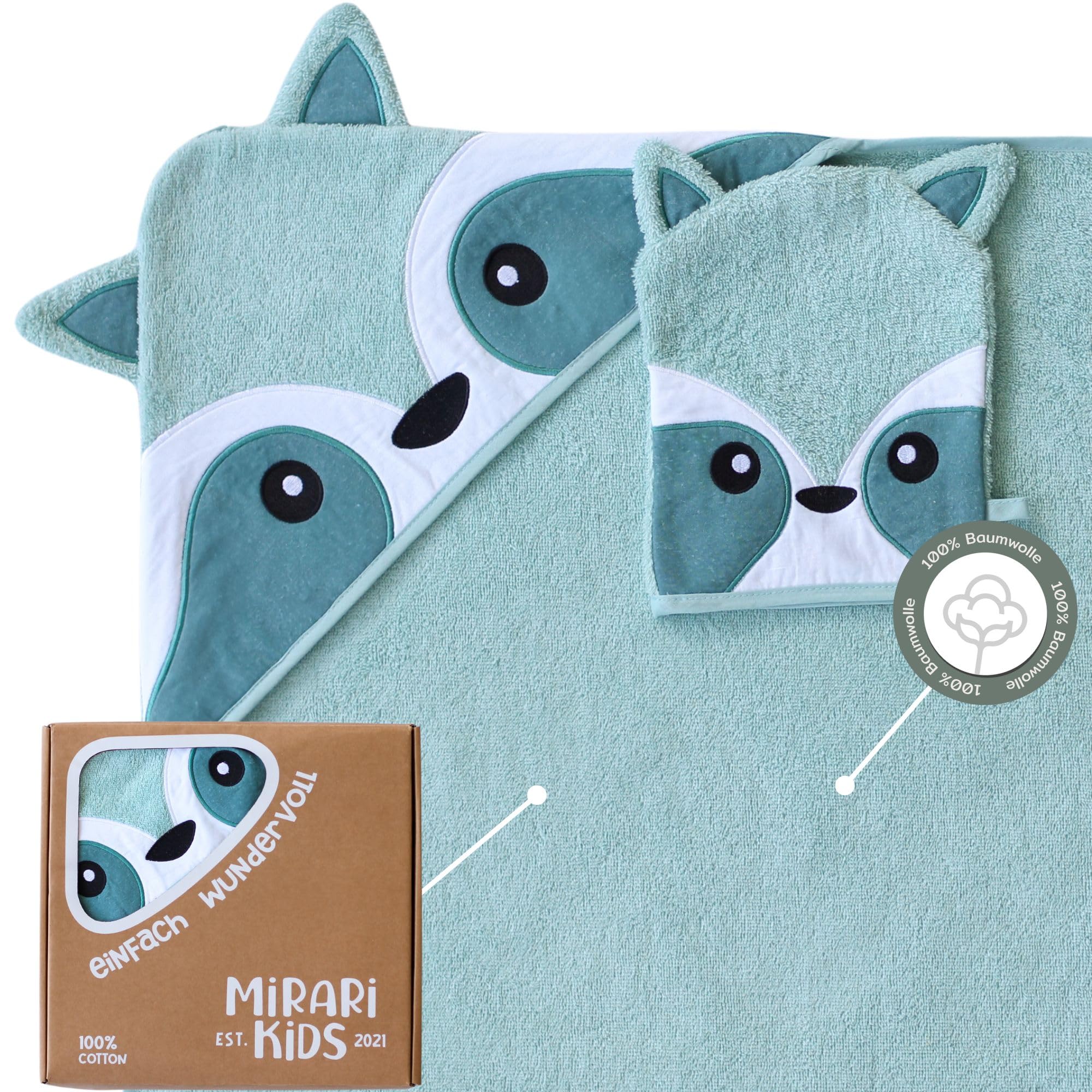 MIRARI Kids Kapuzenhandtuch Baby 100x100 cm mit Waschlappen – Bio Baumwolle – Babyhandtuch für Neugeborene & Kleinkind 0–6 Jahre – Weiches Badetuch mit Kapuze & Waschbär-Motiv –Geschenk zur Geburt