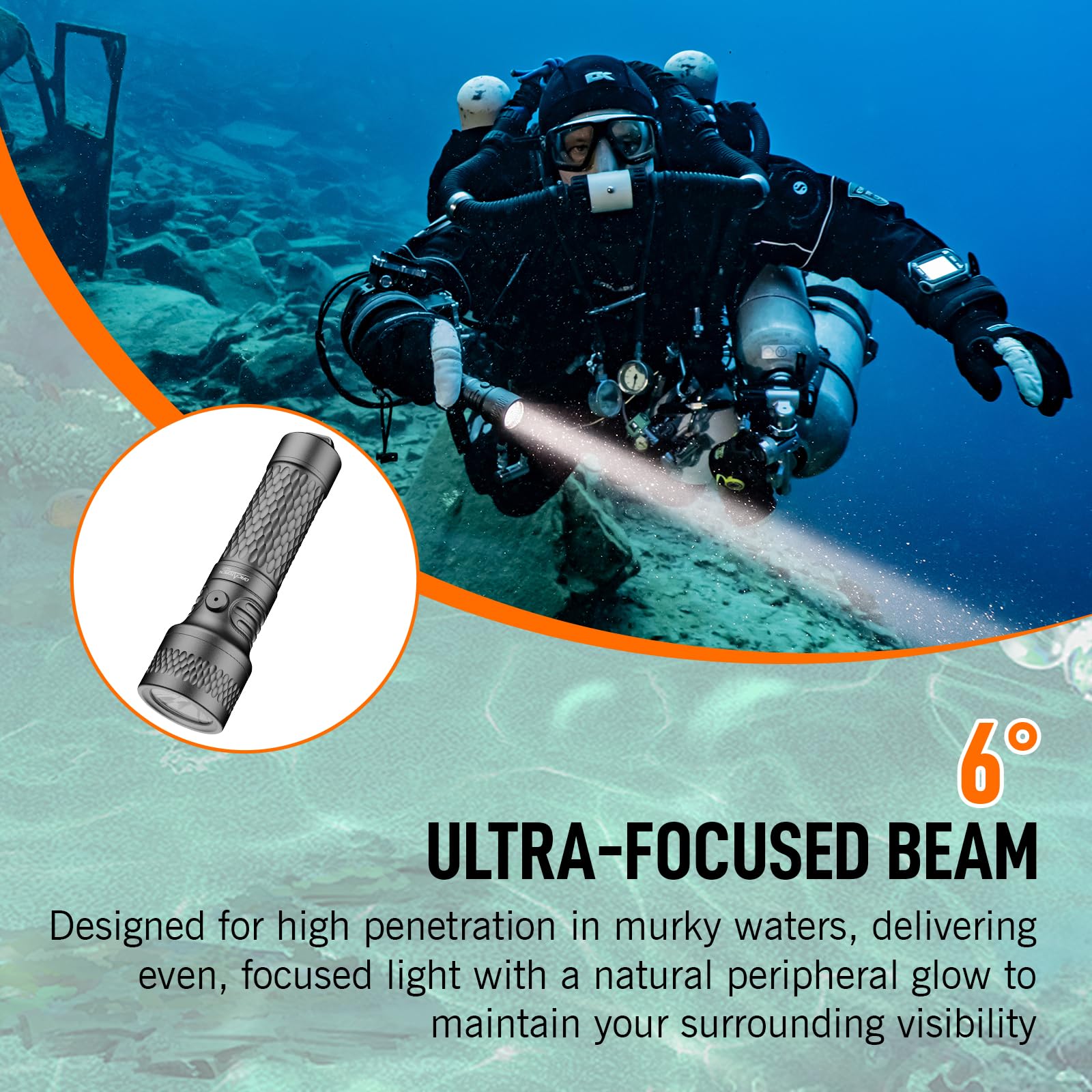 ORCATORCH ORCA7 Torcia Subacquea 3000 Lumen IP68 150m Impermeabile SOS