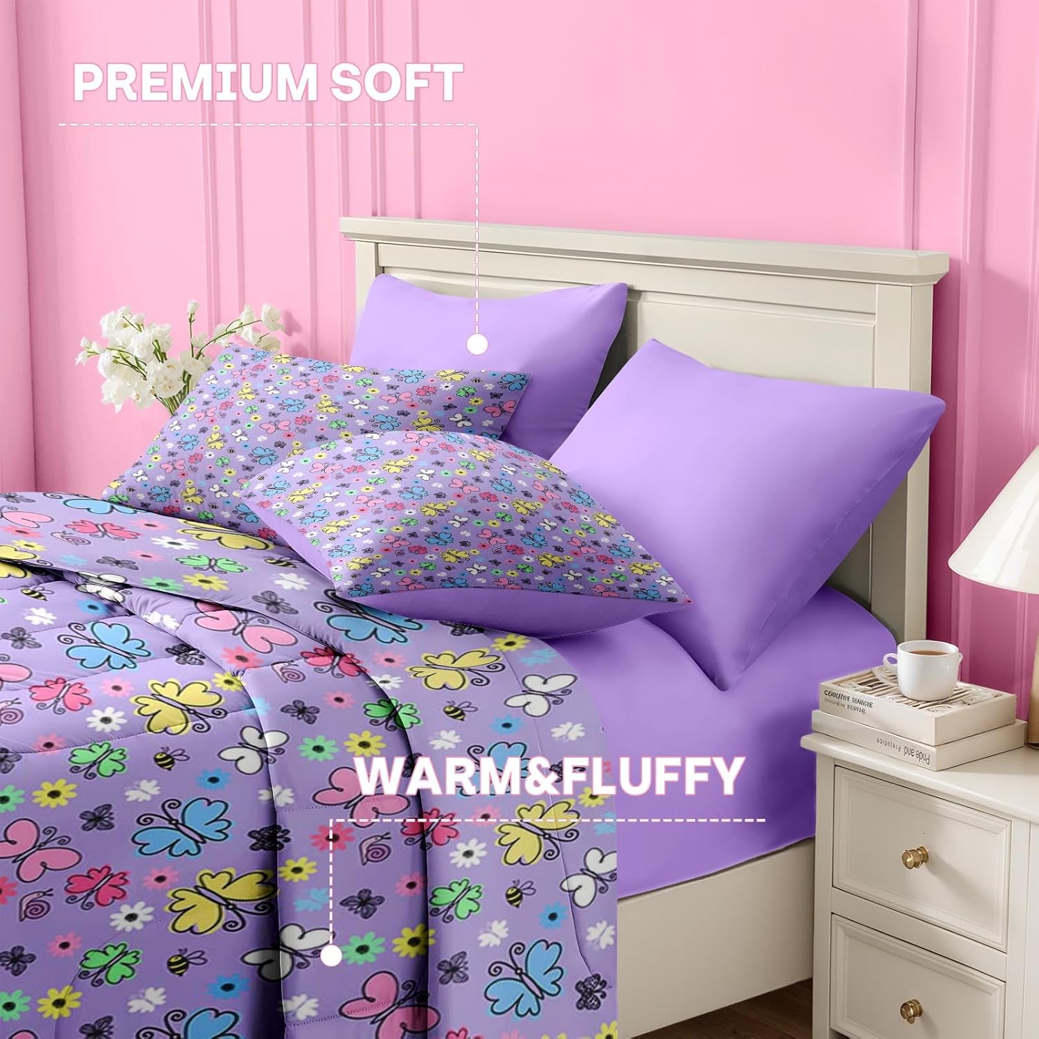 Nesker 5 Pcs Comforter Set Twin Size, Colorful Butterfly Bedding for Kids Teen, Cute Cartoon Flowers Bed Sheet with Pillowcase & Sham - Image 6