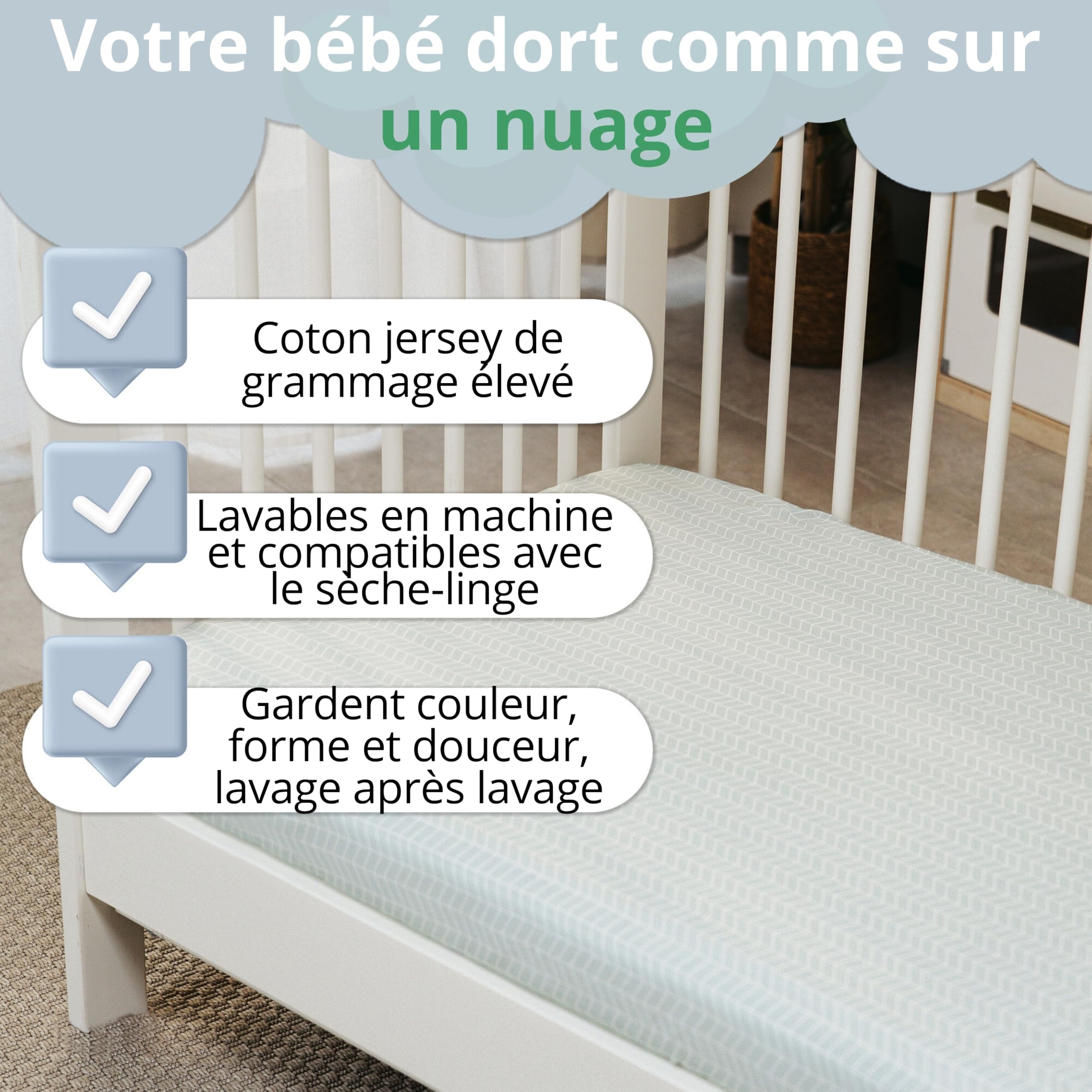Set Drap Housse 60x120 Lit Bébé / 60x125. 2 Draps Housse Coton Jersey + 1 Protège Matelas Imperméable Éponge pour Lit Bébé. Certifié Oeko-Tex. Éléphants 125x60 / 120x60
