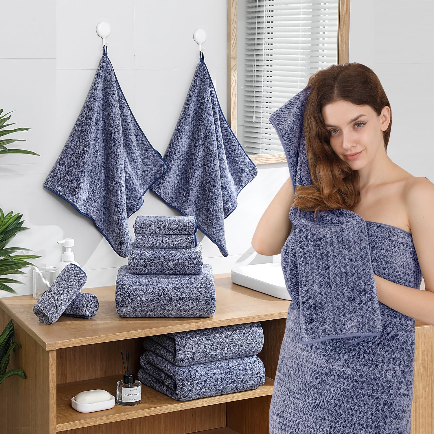 Ycosy 18 Piece Bath Towels Set,100% Microfiber Family Bathroom Towel with Hanging Loops-6 Bath Towels,6 Hand Towels,6 Washcloths,Quick Dry Highly Absorbent Shower Towel for Bathroom,Hotel,Spa-Navy - Image 4