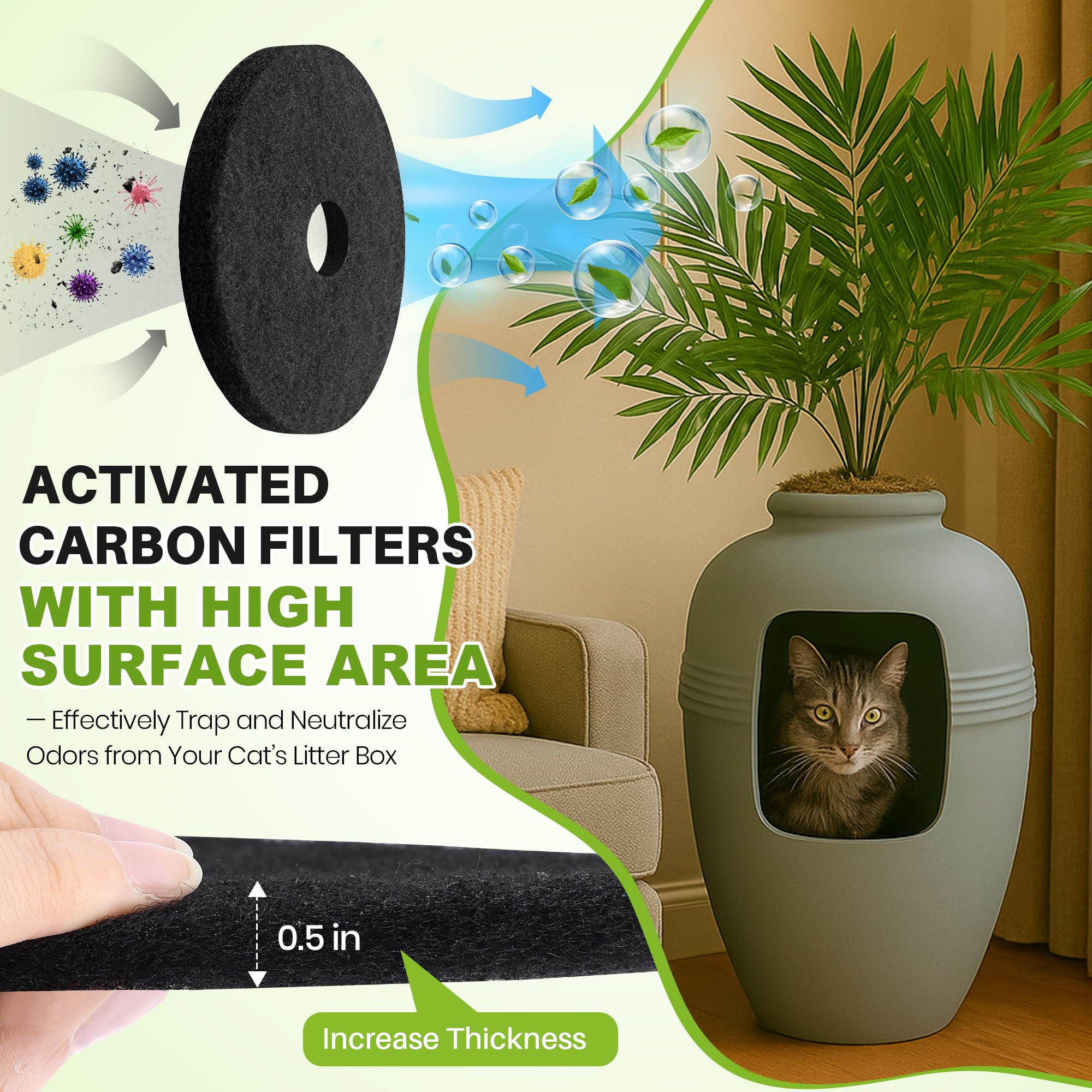 Saillong 12 Pack Cat Litter Box Replacement Carbon Filters for Hidden Cat Litter Box Planter, Activated Carbon Charcoal Filters Long Lasting Odor Absorbing, Absorbing Odor, Keep Home Fresh - image 5