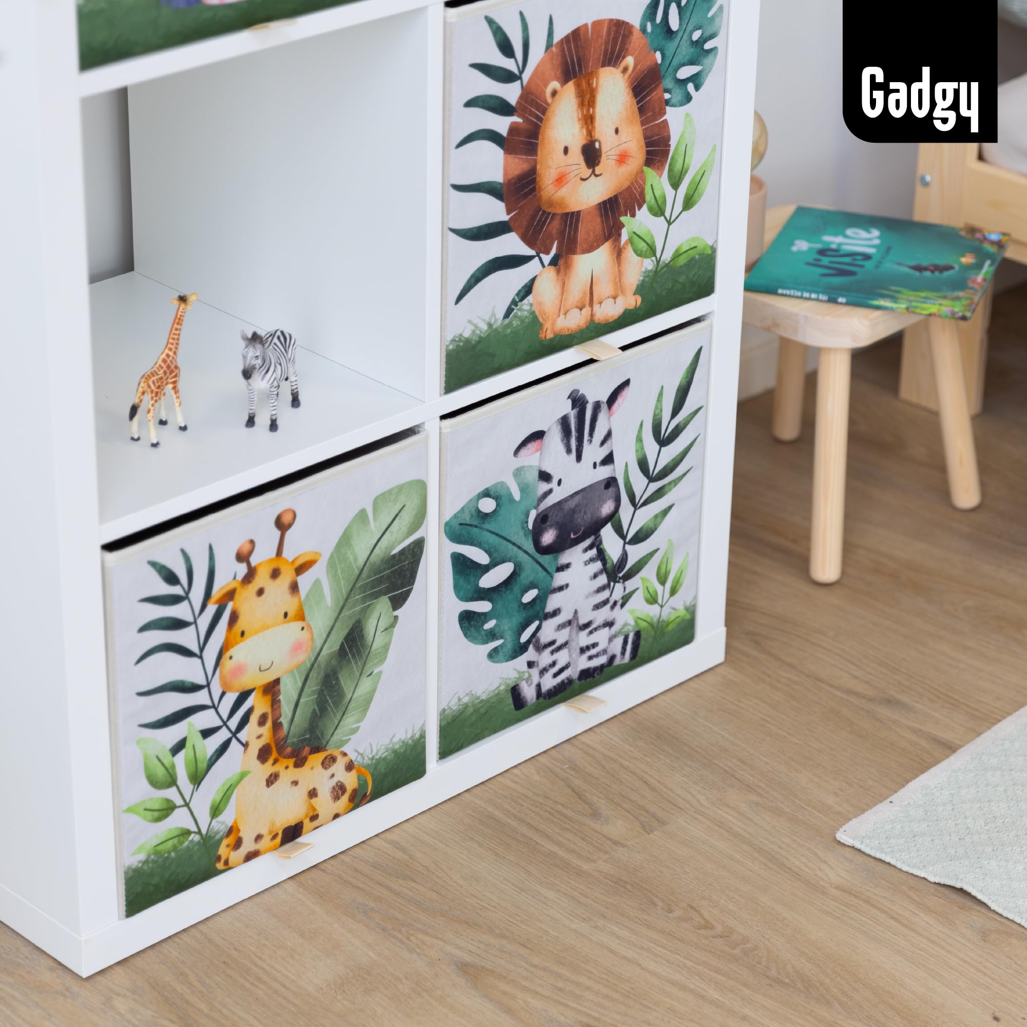 Gadgy Aufbewahrungsbox Kinder 4er Set Faltbox für Kallax - Tiermotiv | Spielzeugboxen 33 x 33 x 33 cm für Kleidung Bücher und Kuscheltiere - Platzsparend Faltbar mit Grifflasche