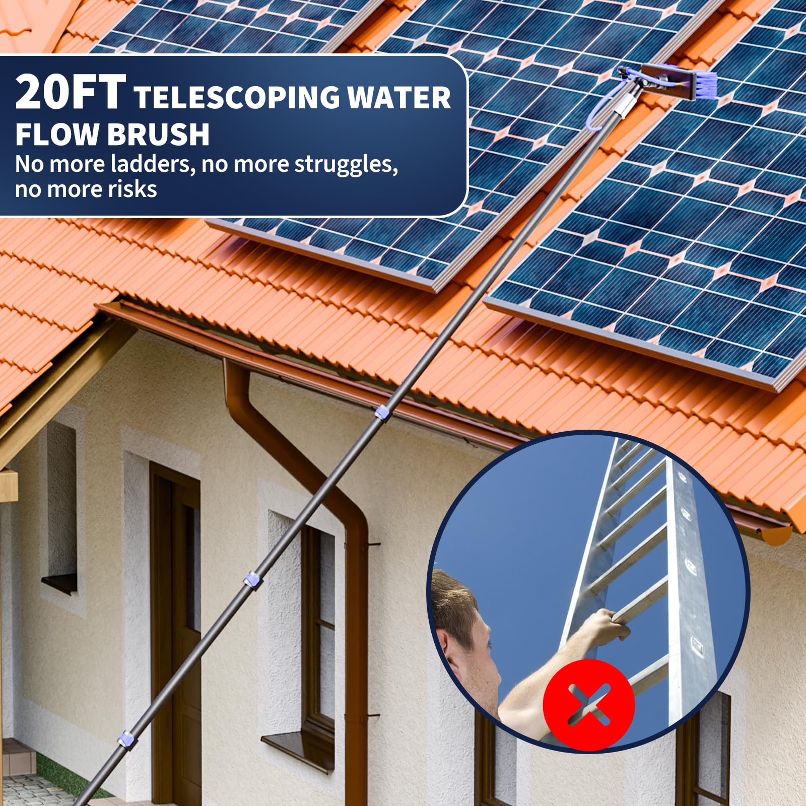 Kit de limpieza de paneles solares de 20 pies, cepillo telescópico de limpieza de paneles solares con poste de extensión y dispensador de jabón para el hogar y al aire libre