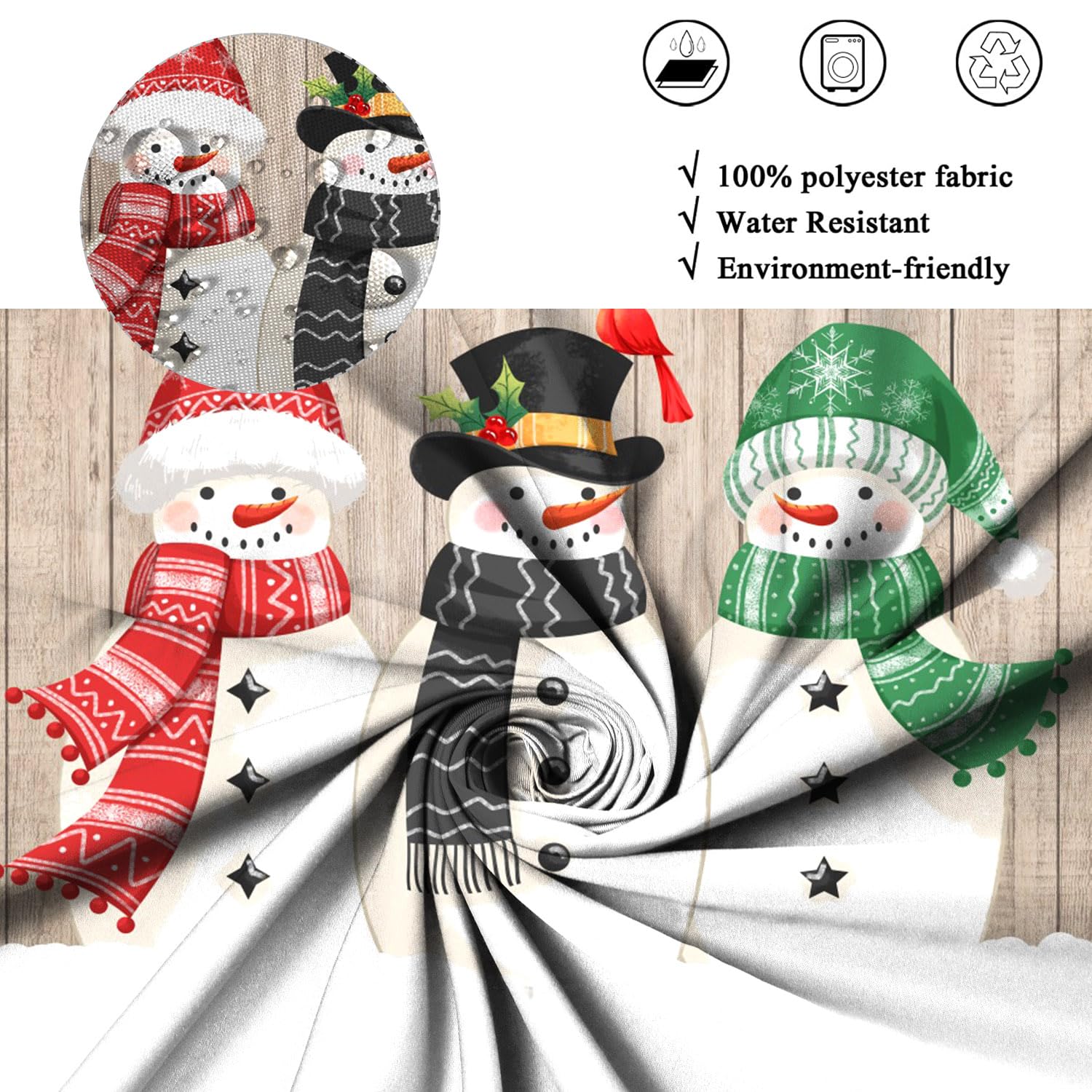 Weihnachts Duschvorhang 180x180 Cm – Retro Holzmaserung Mit Schneemann-Motiv, Wasserdichtes Polyester, Inkl. 12 Haken
