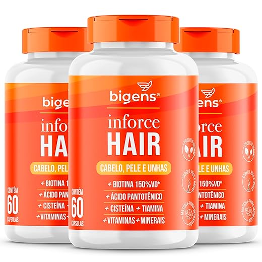 Inforce Hair, multivitaminico para cabelo, pele e unhas, Biotina, Ácido pantotênico, Cisteína, Tiamina, Biogens, Kit 3x 60 cápsulas