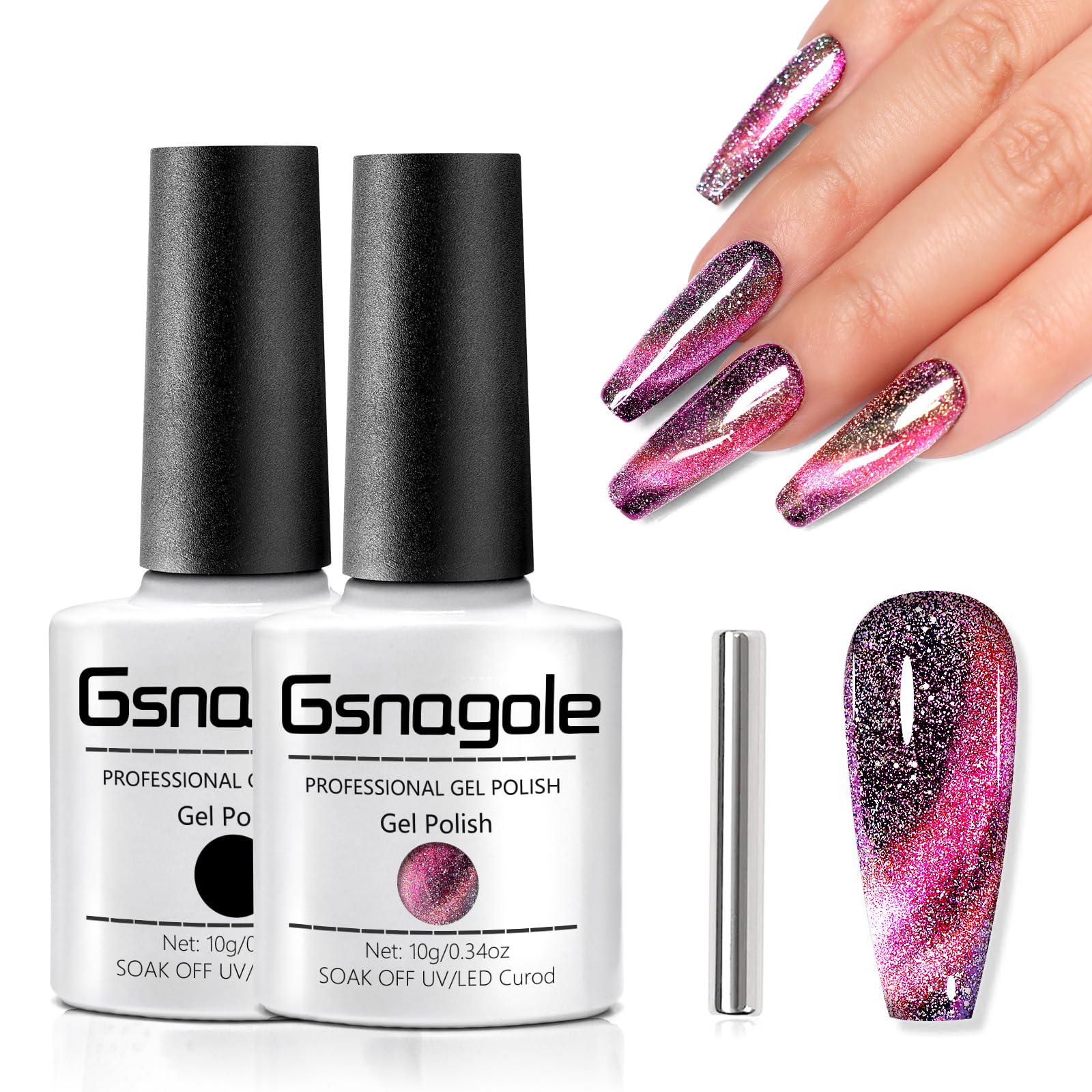 Gsnagole 9D Reflective Cat Eye Gel Nail Polish Set 2 Bottles with Magnetic Stick Chameleon Holographic Sparkling Galaxy Effect Soak Off Manicure DIY at Home (9DMHMY-2-rose Red)