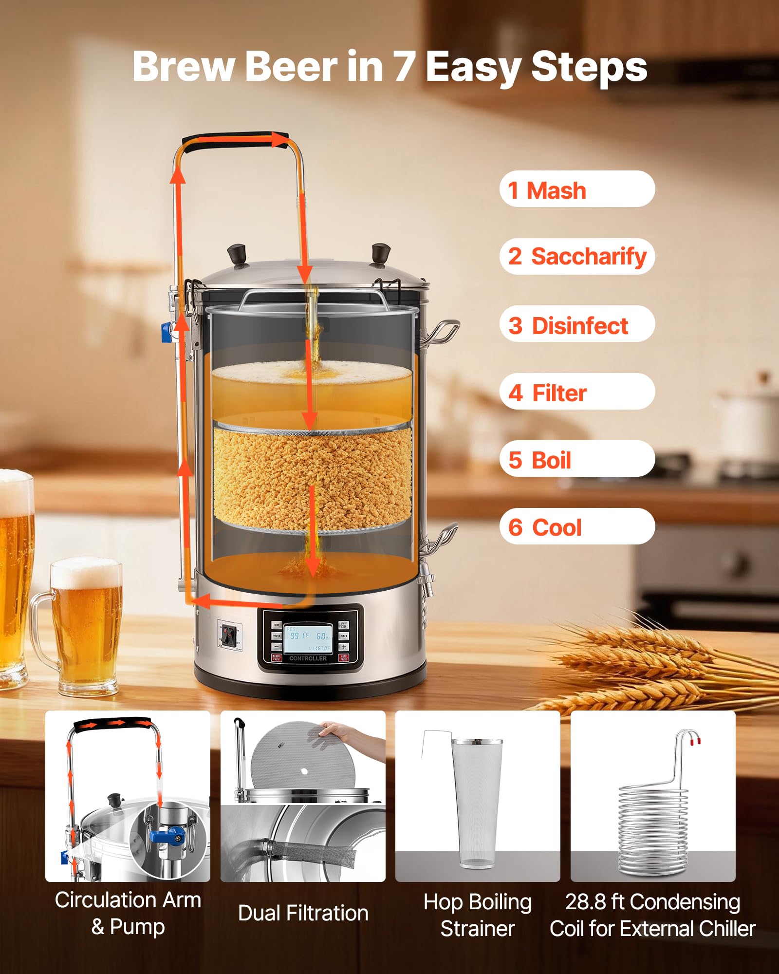 VEVOR Sistema di Produzione Automatico per Birra da 30L, Kit di Produzione di Birra con Pompa di Circolazione e Accessori Completi, Attrezzatura di Produzione di Birra per Uso Commerciale o Domestico