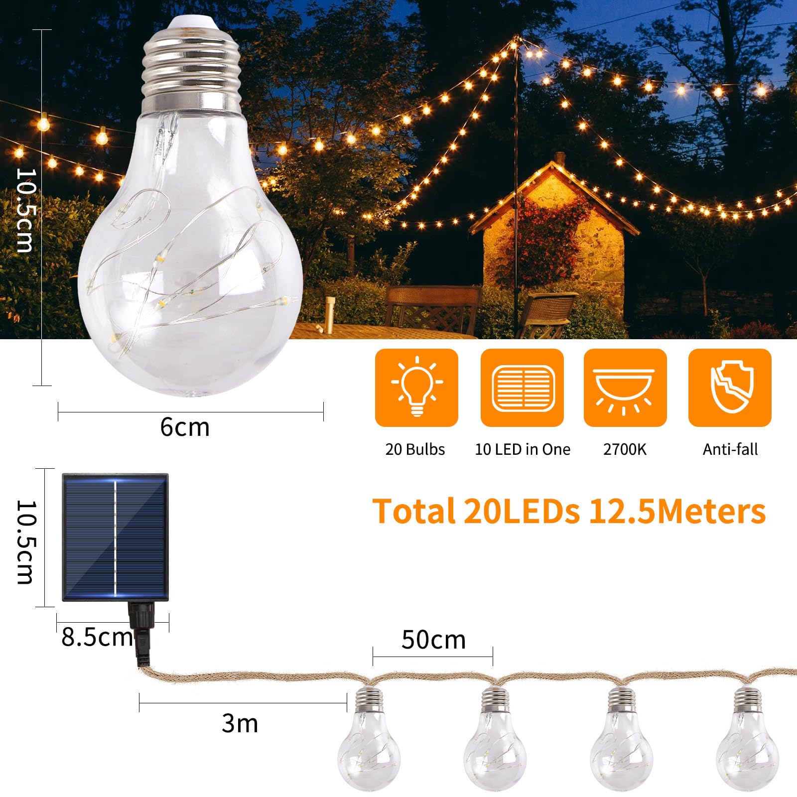 Catena Luminosa Esterno Solare A60 20-Lampadine 200Leds 12,5M Luci da Esterno con Corda di Canapa 8 Modalità con Telecomando IP65 Impermeabile Bianco Cald Lampada Solare da Esterno Catena Luci Esterno