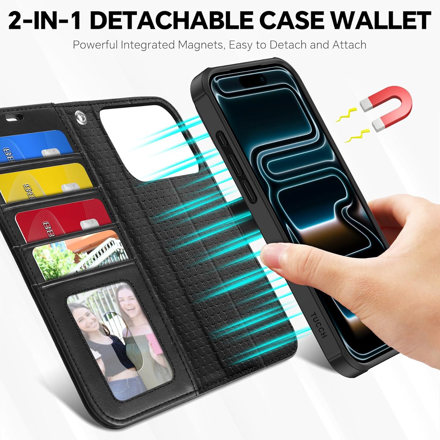 TUCCH 2-in-1 Detachable Wallet Case for iPhone 17 Pro (6.3-inch) 2025, Wireless Charging | RFID Blocking 4 Card Holder | Wrist Strap | Kickstand | Magnetic | PU Leather | Protective Flip Cover | Black - Image 3