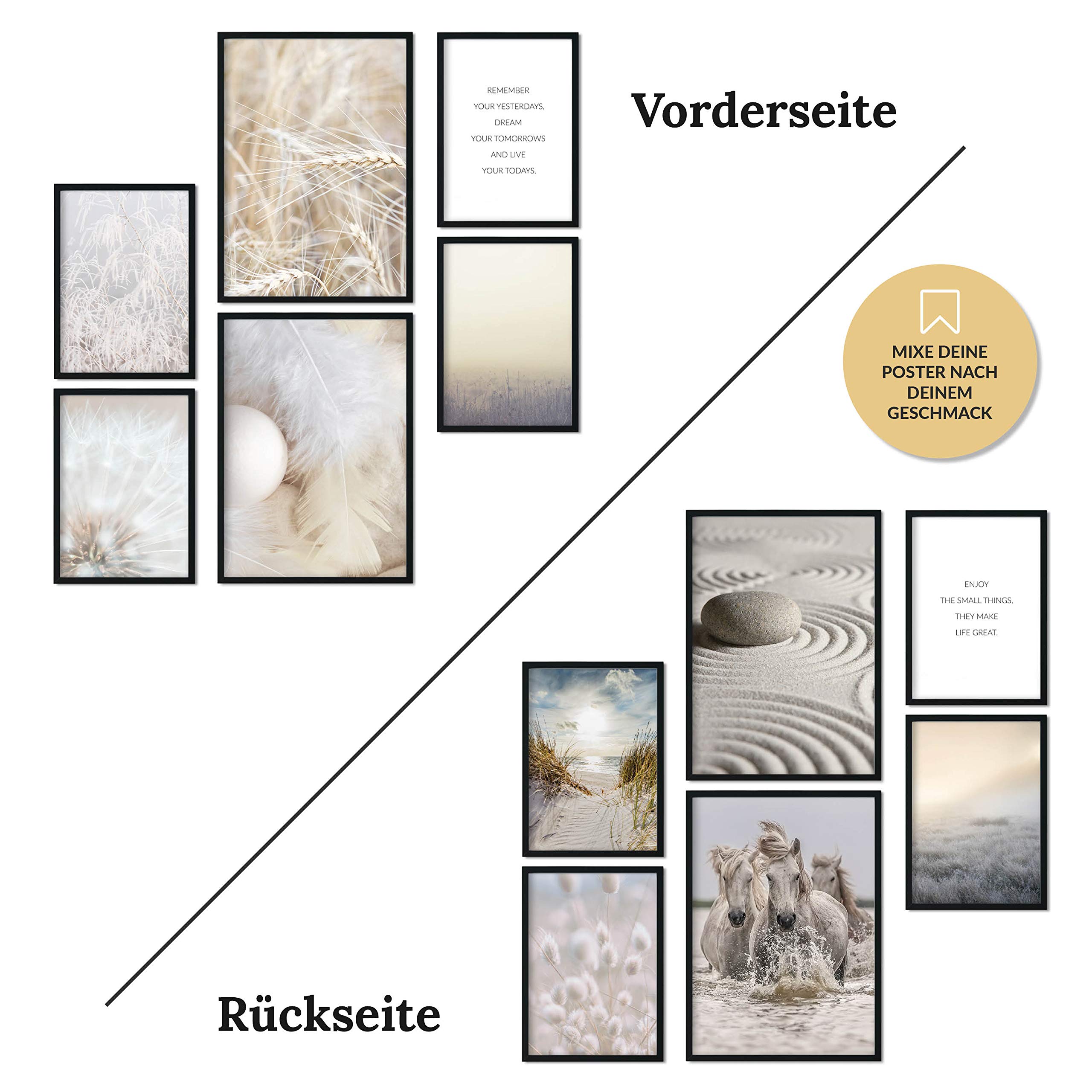 Poster 6er Set Beidseitige Bilder - Stilvolle Home Deko für Schlafzimmer und Wohnzimmer | Poster Vintage Set Traumfänger Boho A3 | A4 (Federleicht, A4 | A5 in Holzrahmen (schwarz))
