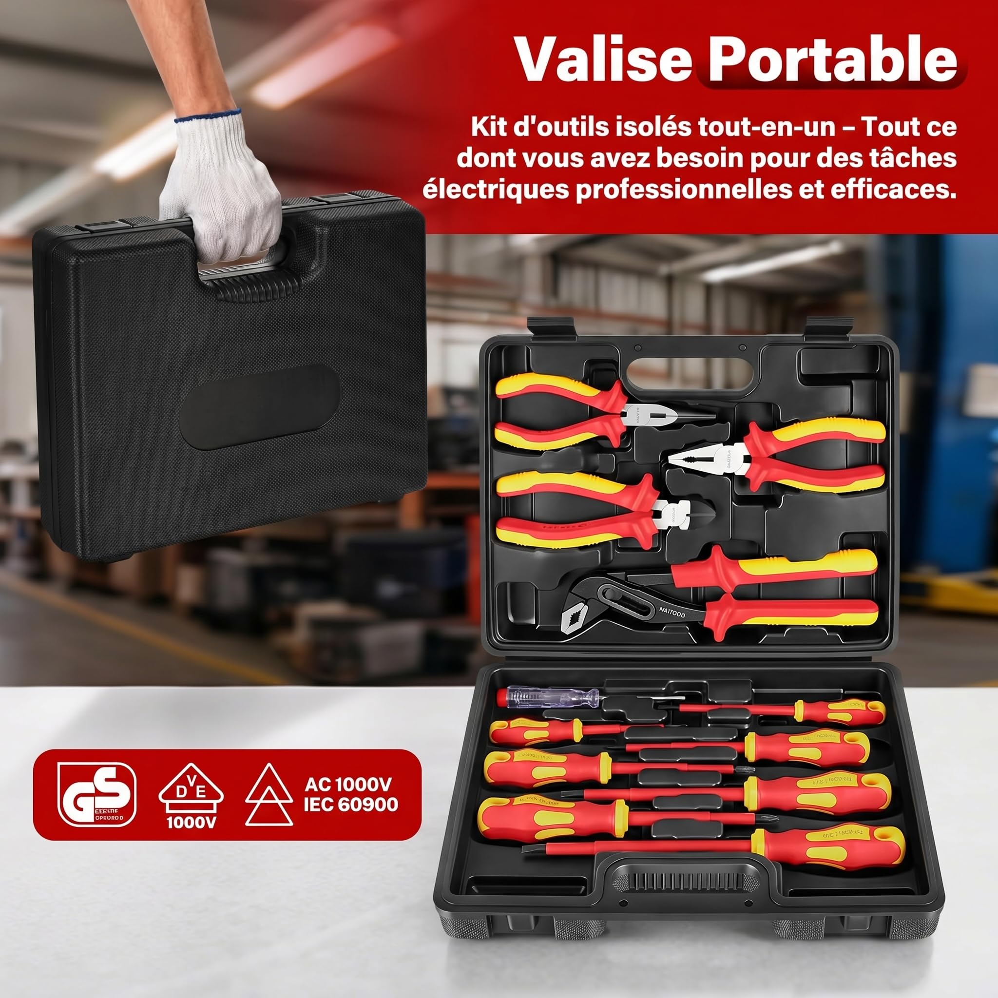 BILITOOLS Tournevis Électricien VDE 1000V 12 Pièces avec Pinces | Kit Outils Électricien Professionnel Isolé avec Poignées Antidérapantes, Pointes Magnétiques, Tournevis et Pinces
