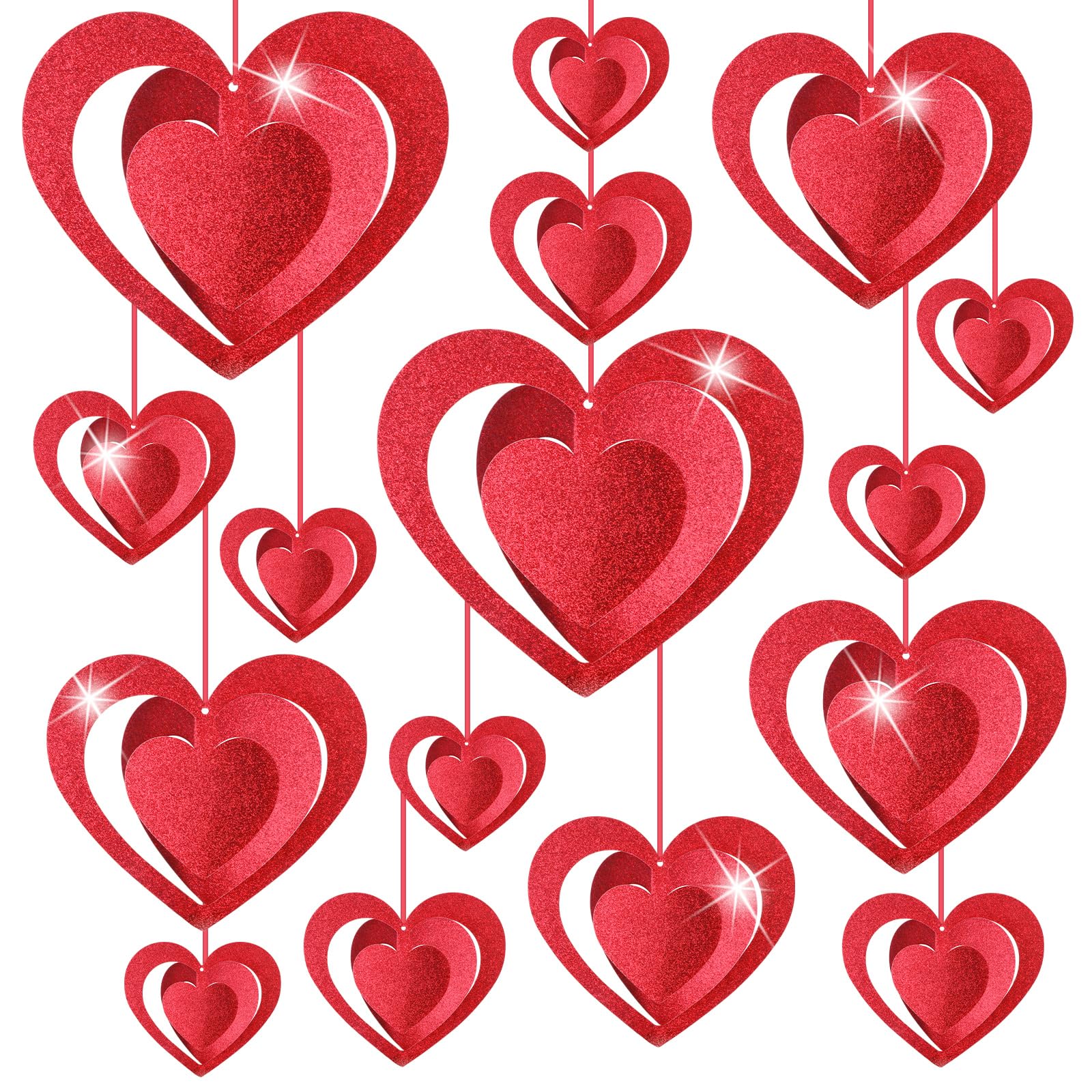 DPKOW 3D Glitter Hanging Hearts Garland Decorations, 15 x Heart Ornament for Valentine's Day Decorations Garland Banner Valentines Room Decorations Romantic Decor Heart Red